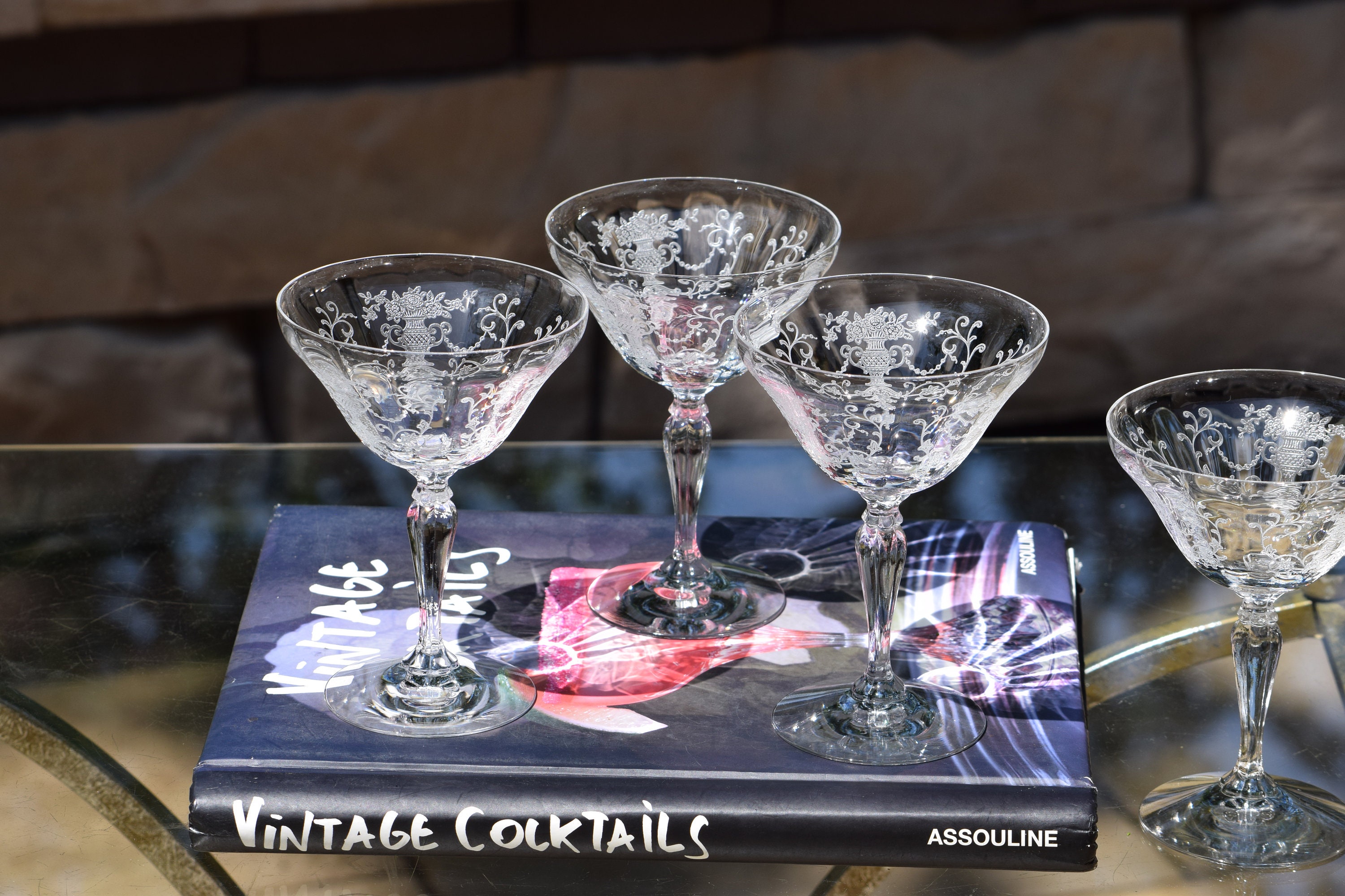 4 Vintage Etched CRYSTAL Cocktail Martini glasses, Fostoria