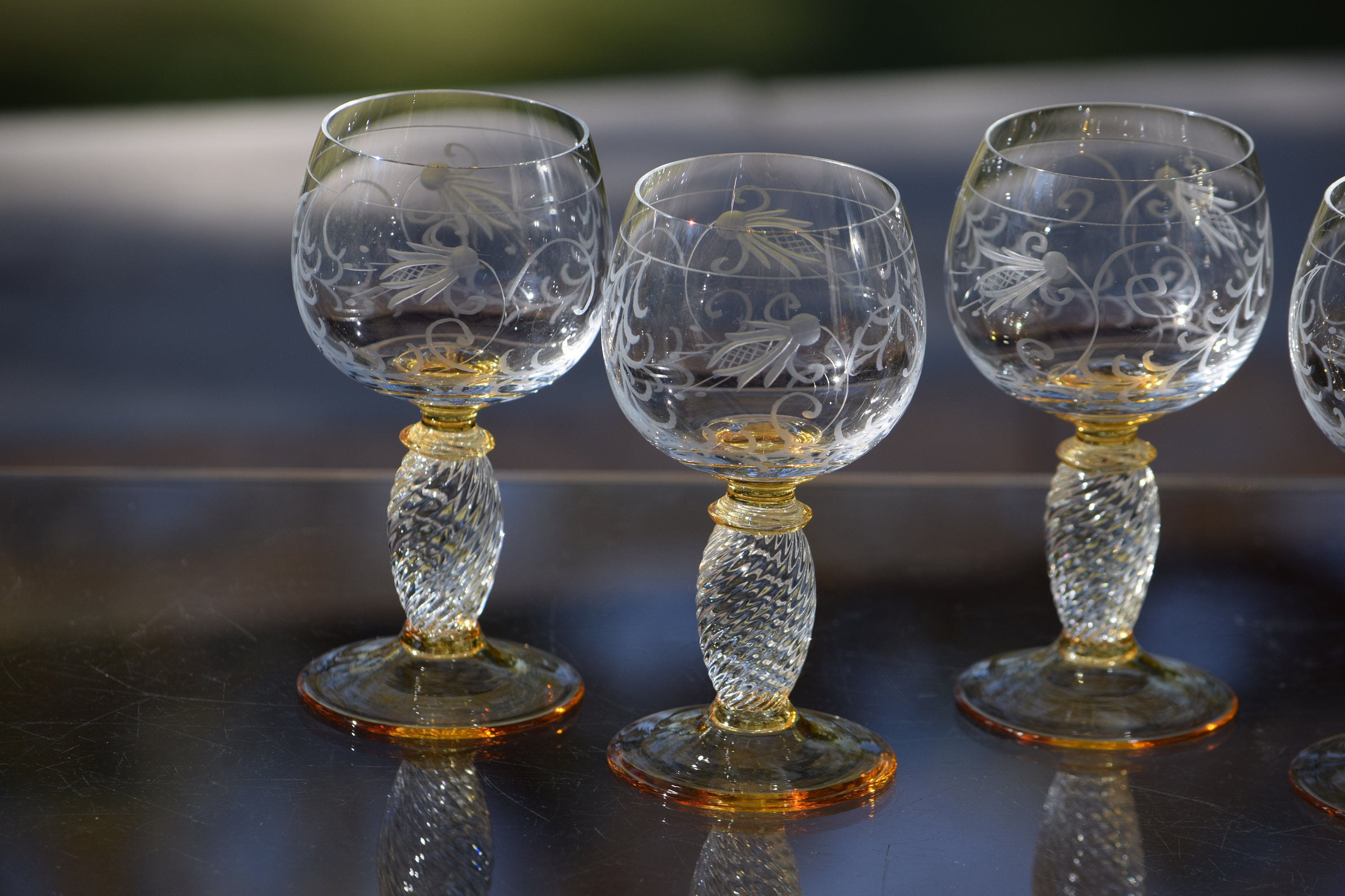 4 Vintage Amber Etched Wine Cordials Glasses, Pieroth Roemer