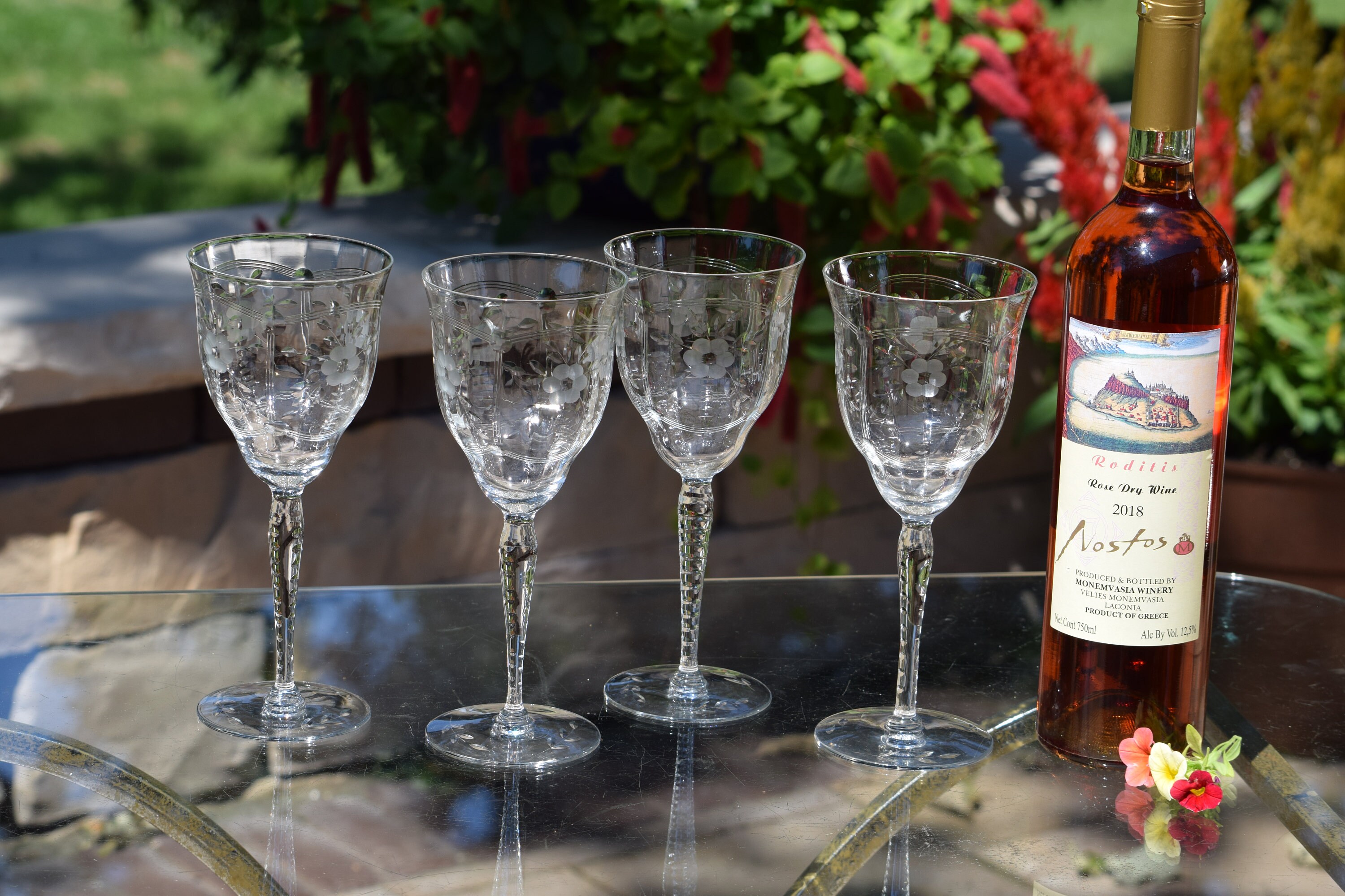 5 Vintage Etched Tall Wine Glasses ~ Water Goblets, Faceted Stem Etched Wine  Glasses, Unique Etched Stem Wine Glasses, Wedding Glasses