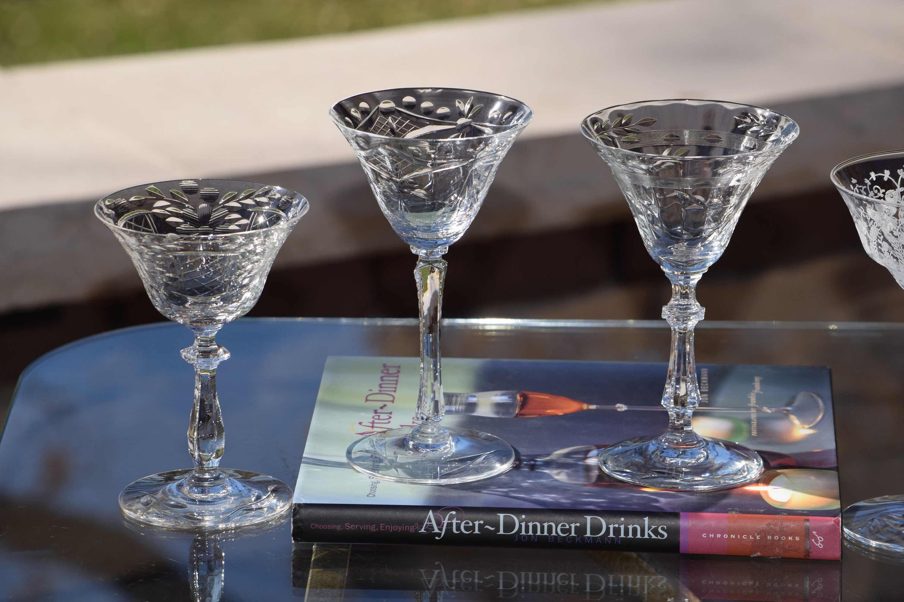 Vintage Tall Etched Crystal Martini Glasses - Set of 4