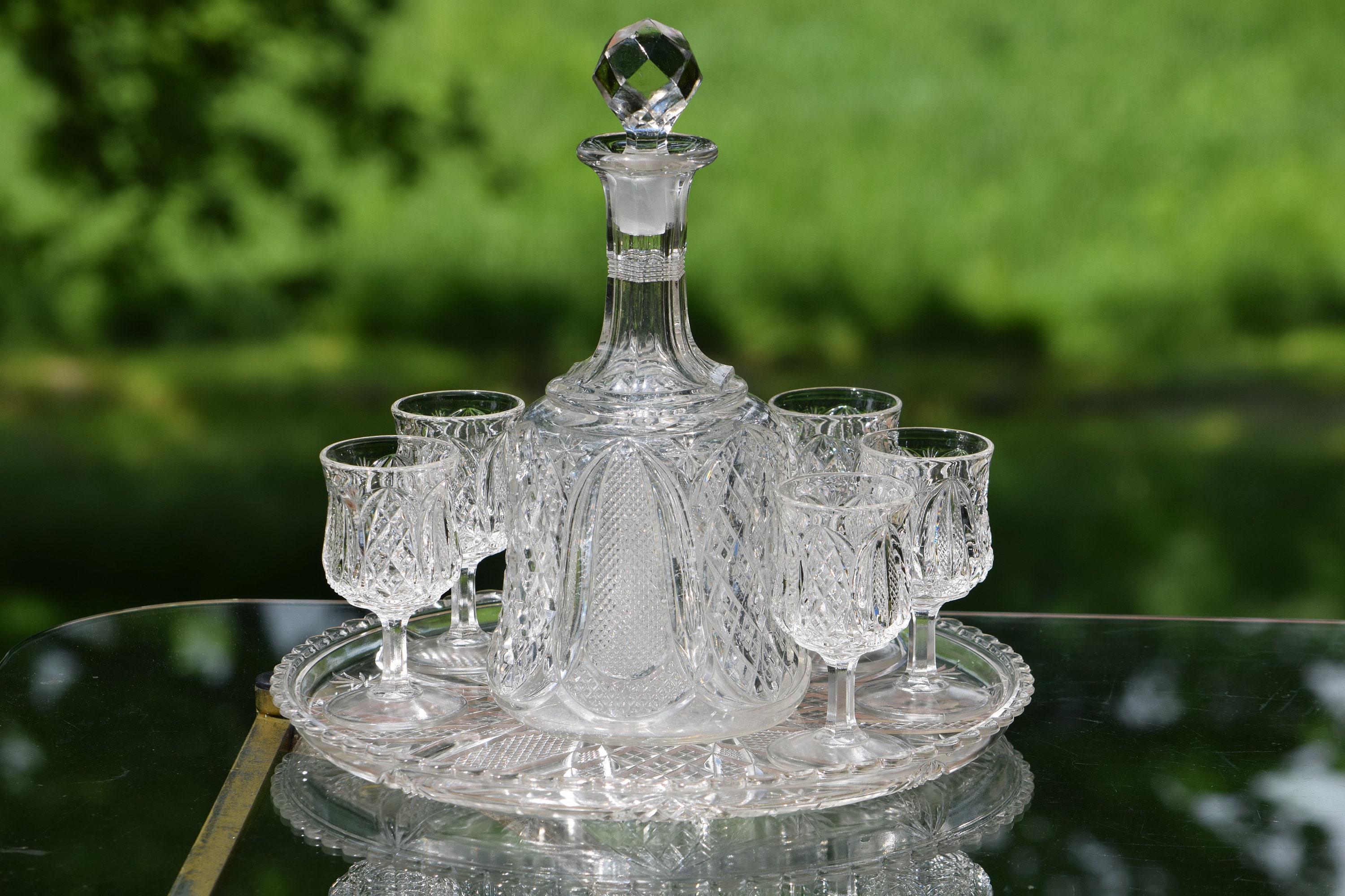 Antique EPAG Pressed Glass Wine Decanter with 6 matching wine cordials