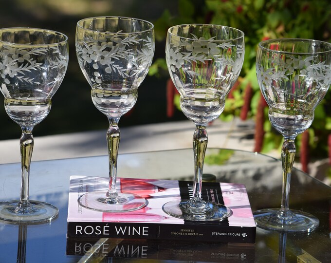 6 Vintage Etched Wine Glasses, 1950's, Vintage Tall Water Goblets