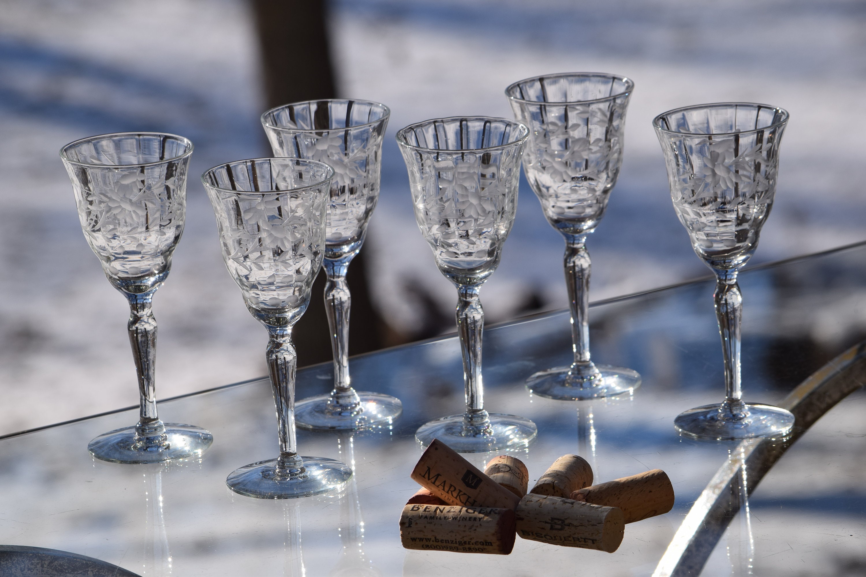 Vintage Etched Wine Cordial Glasses, Set of 6, After Dinner Drink