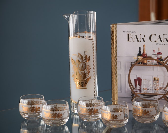 MID CENTURY BARWARE At its Finest!  Vintage Cocktail Pitcher with 6 matching Roly Polys, circa 1950's, Vintage Whiskey, Bourbon Roly Polys