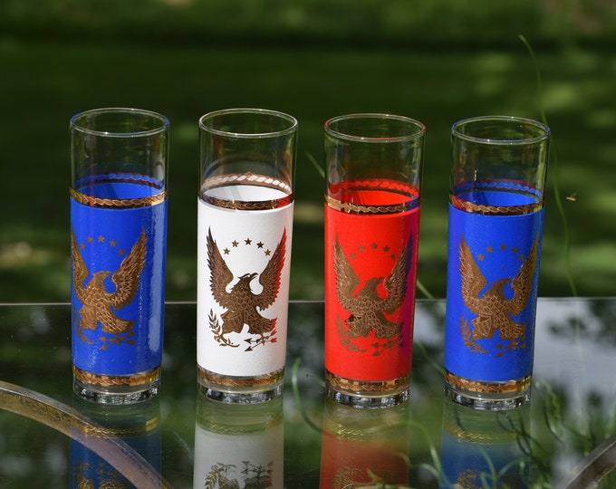 4 Vintage Red White & Blue COLLINS Glasses, Vintage Tall Cocktail Glasses, Vintage Gold Eagles Collins Glasses