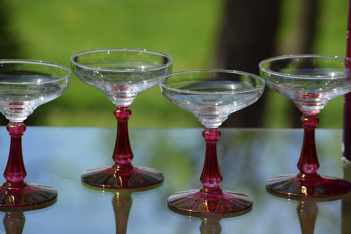6 Vintage Cocktail Coupes Glasses Pink Stems 4 Oz Unique - Etsy