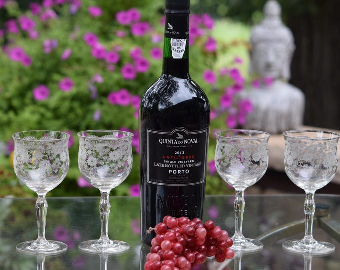 SIPPING PORT WINE? 4 Vintage Etched Port Wine Cordials ~ Glasses, 4 oz Port Wine Glasses ~Cordials, After Dinner Sherry Wine Glasses