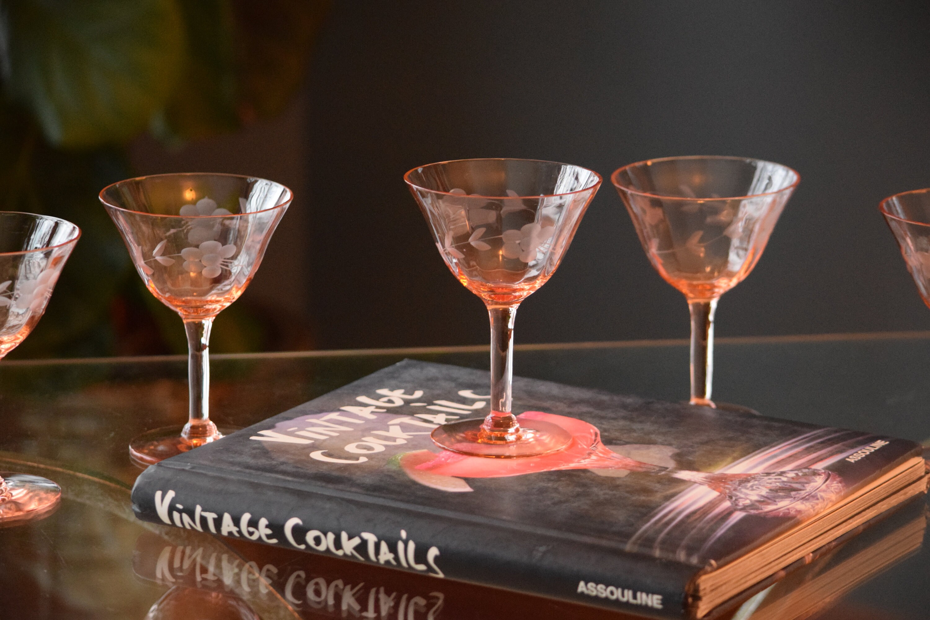 5 Vintage Pink Etched Cocktail - Martini Glasses, Mixologist