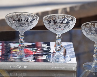 3 Vintage Crystal Etched Cocktail Glasses ~ Champagne Coupes, Duncan Miller, circa 1935, Vintage Round Balled Stem Cocktail glasses