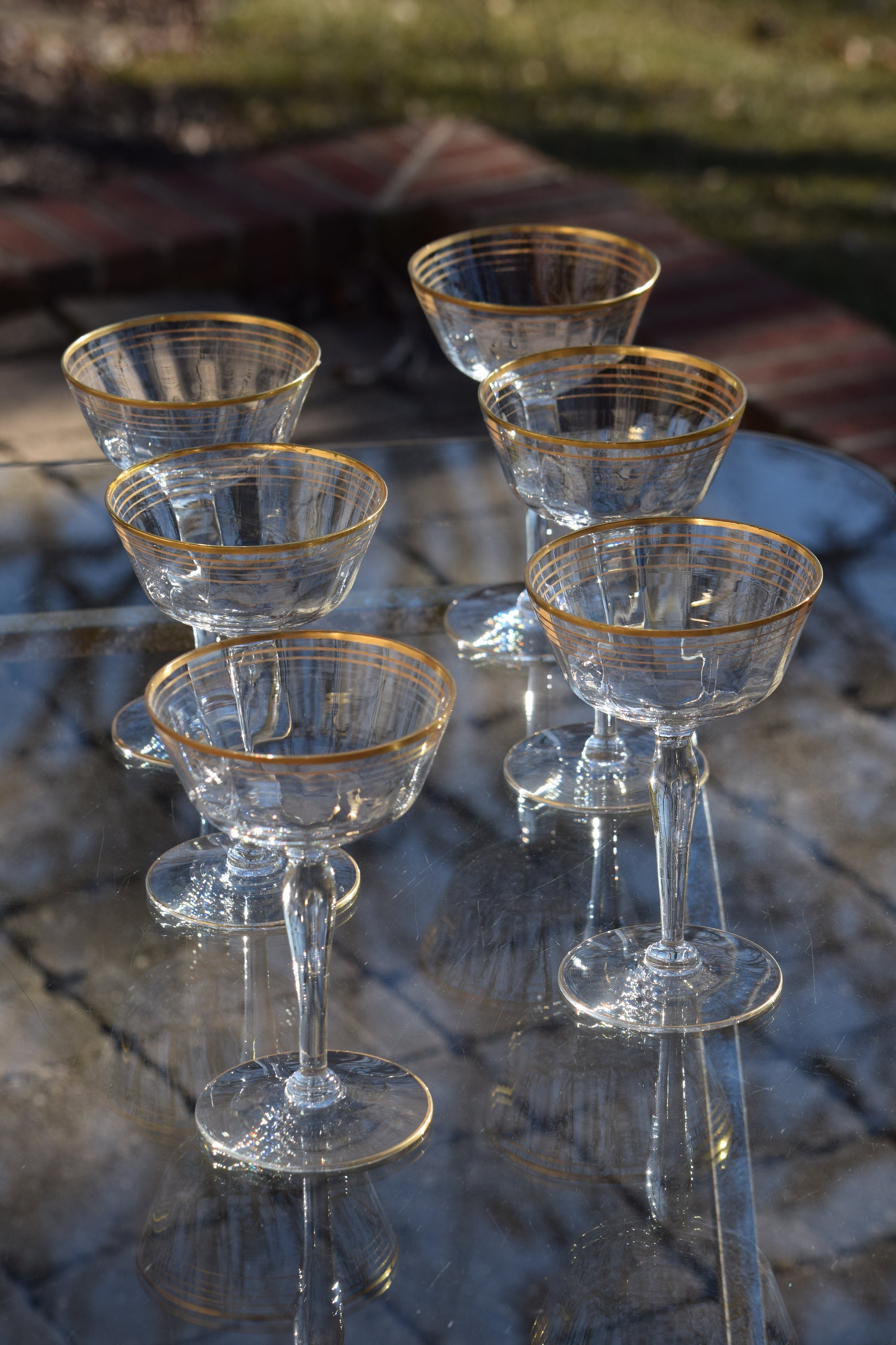 Vintage GOLD Rimmed, GOLD Striped Cocktail Martini Glasses, Set of 6