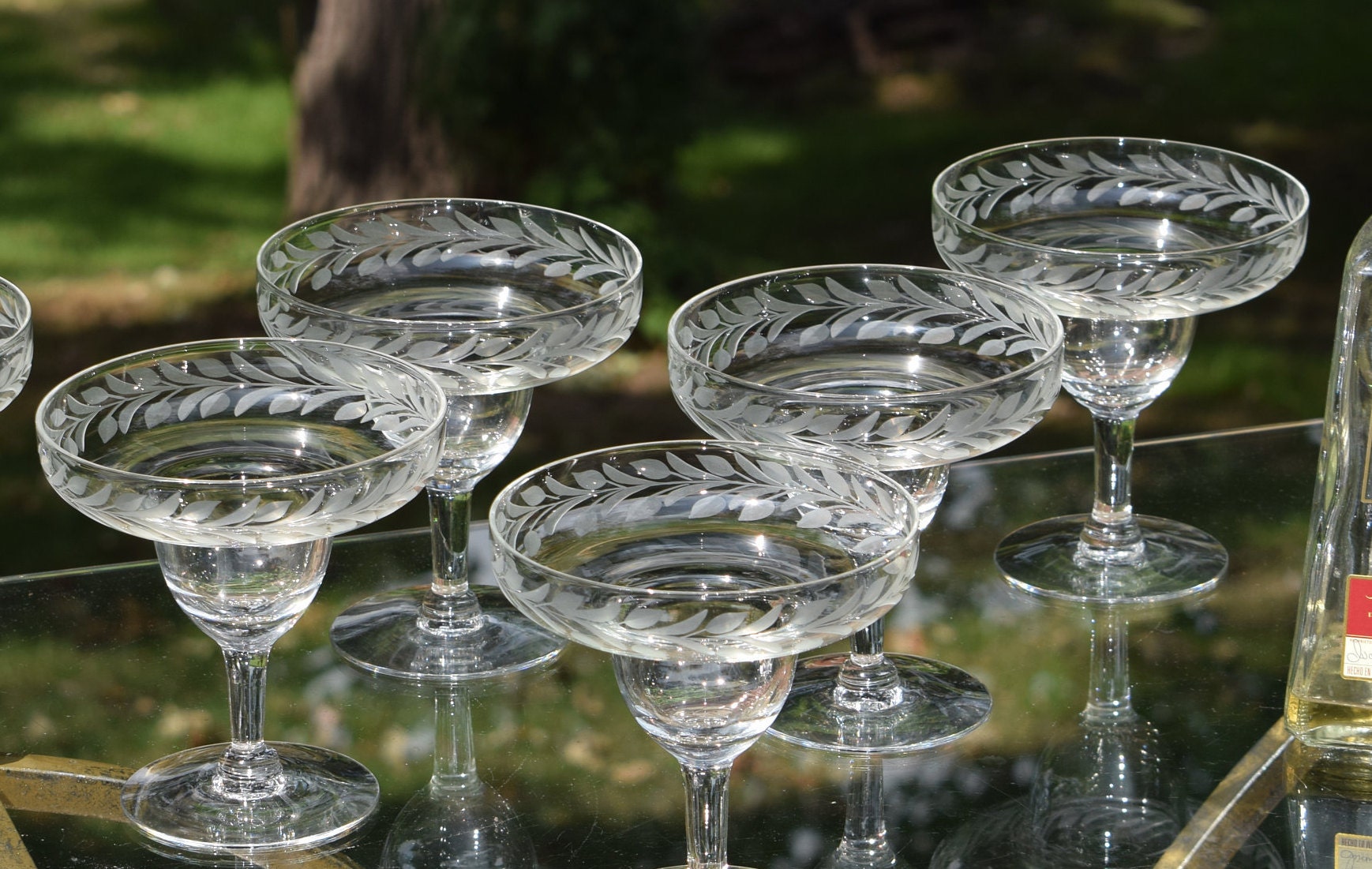 SOLD Reserved for Blake Vintage Etched Margarita Cocktail Glasses