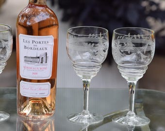 Vintage Etched Wine Glasses, 1950's,  Vintage Glassware,  Dinner Party Water Goblets