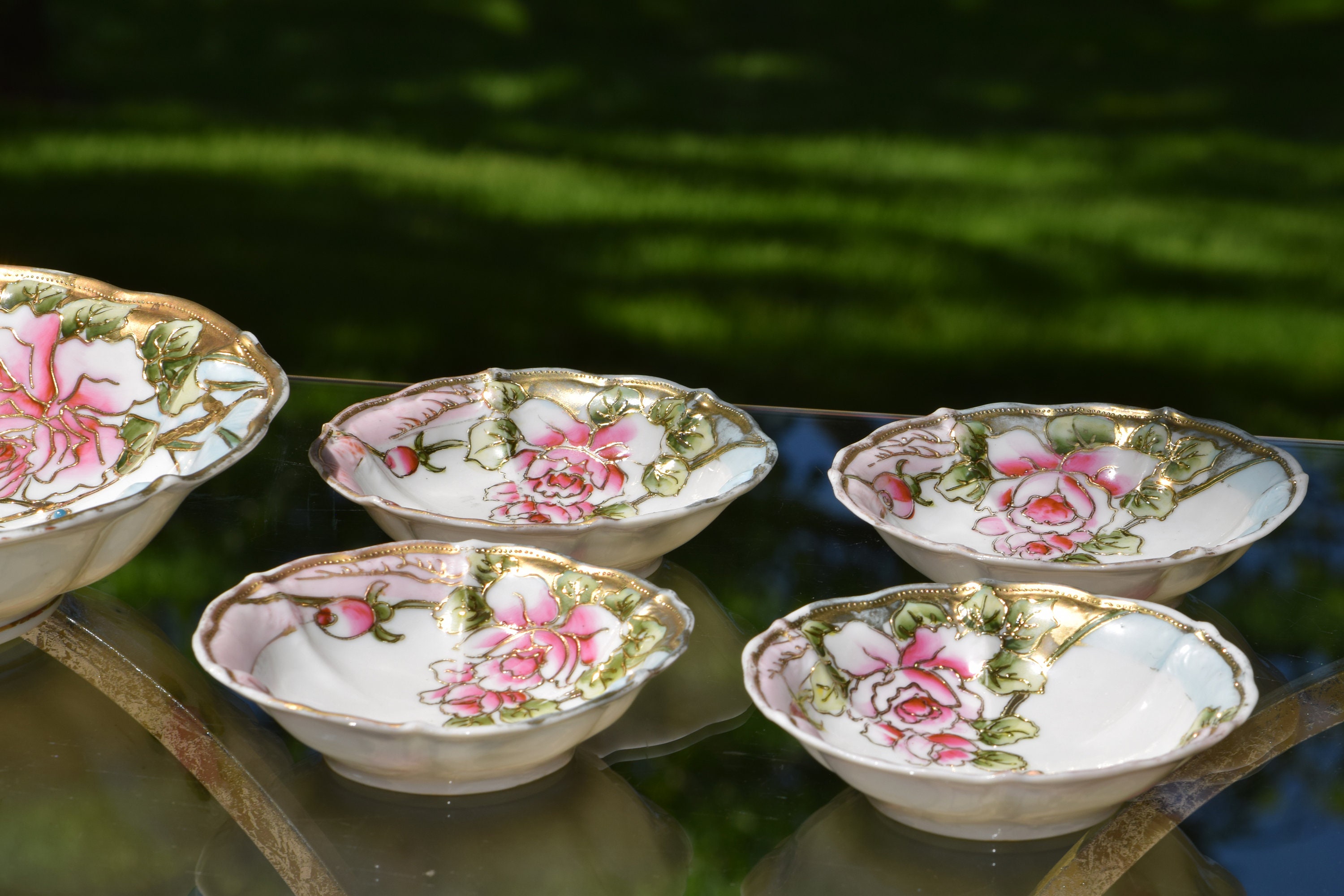 Vintage Porcelain Berry Bowl Set, Hand Painted ~ Japan Porcelain Bowls,  Vintage Nippon Gilded Gold Floral Berry Bowl with 4 small bowls