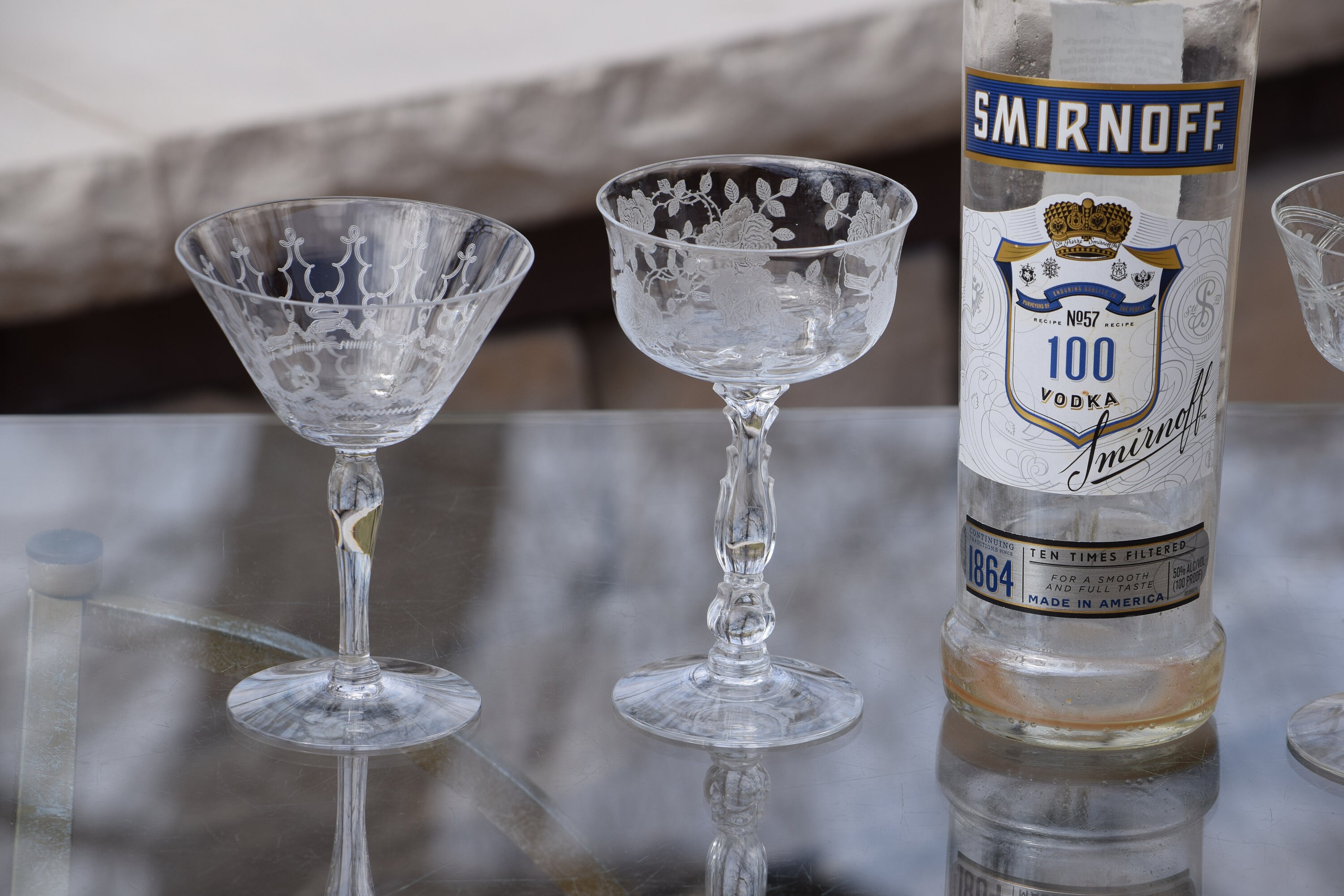 4 Vintage Etched Cocktail Martini Glasses, Set of 4 MisMatched Mixed