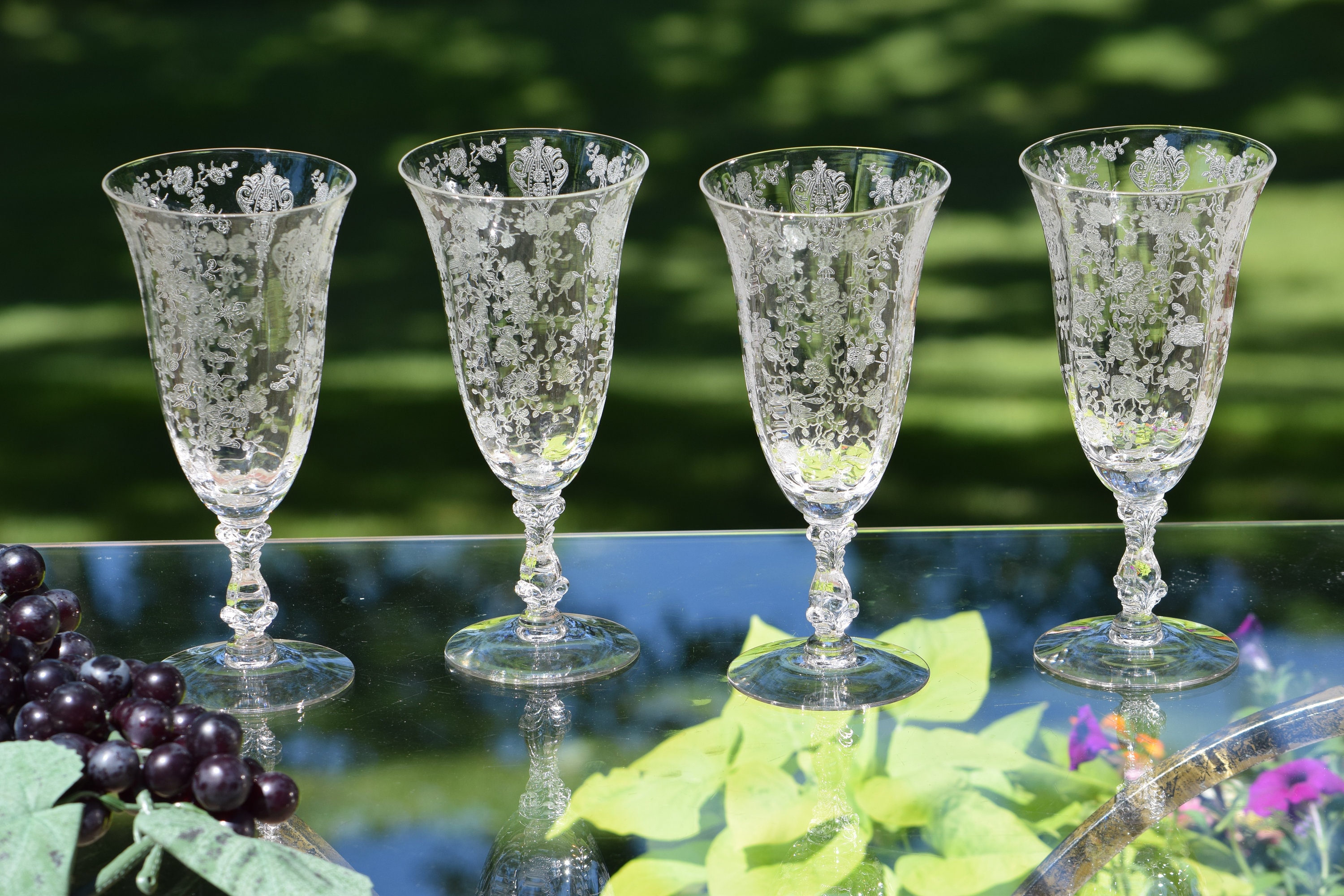 Vintage Needle Etched Optic Crystal Cocktail Ice Tea Glasses, Set