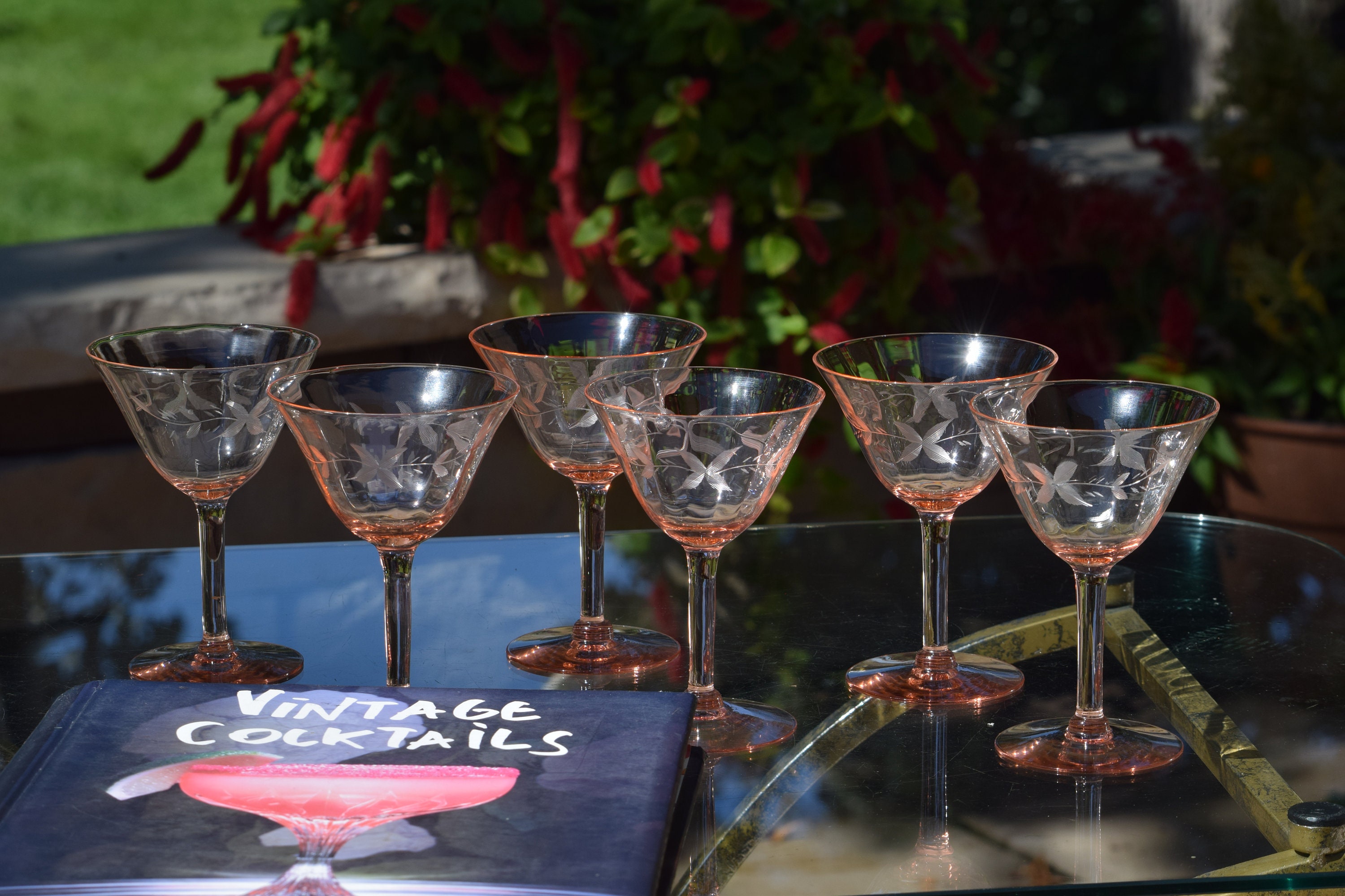 6 Vintage Pink Etched Cocktail Martini Glasses, Mixologist Cocktail