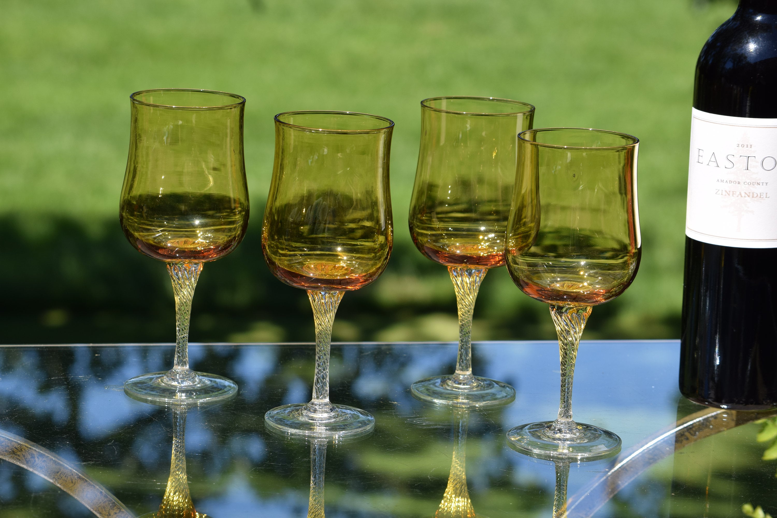 Vintage Yellow with Clear Twisted Stem Wine Glasses, Set of 4, Vintage