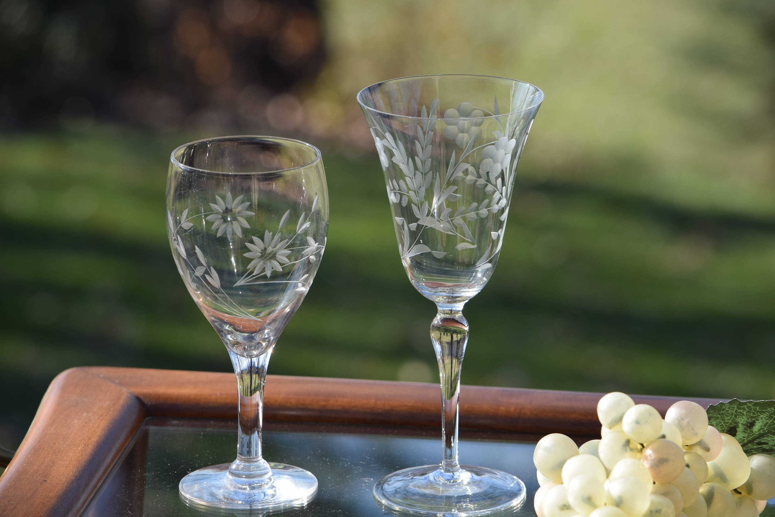Vintage Etched Wine Glasses, Set of 4 different Vintage Wine Glasses
