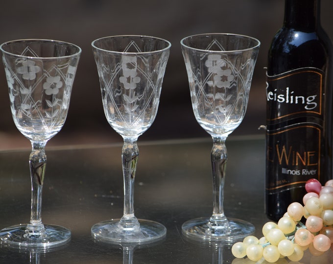 4 Vintage Etched Port Wine Glasses, Port Wine Tasting Glasses, 3.5 Oz