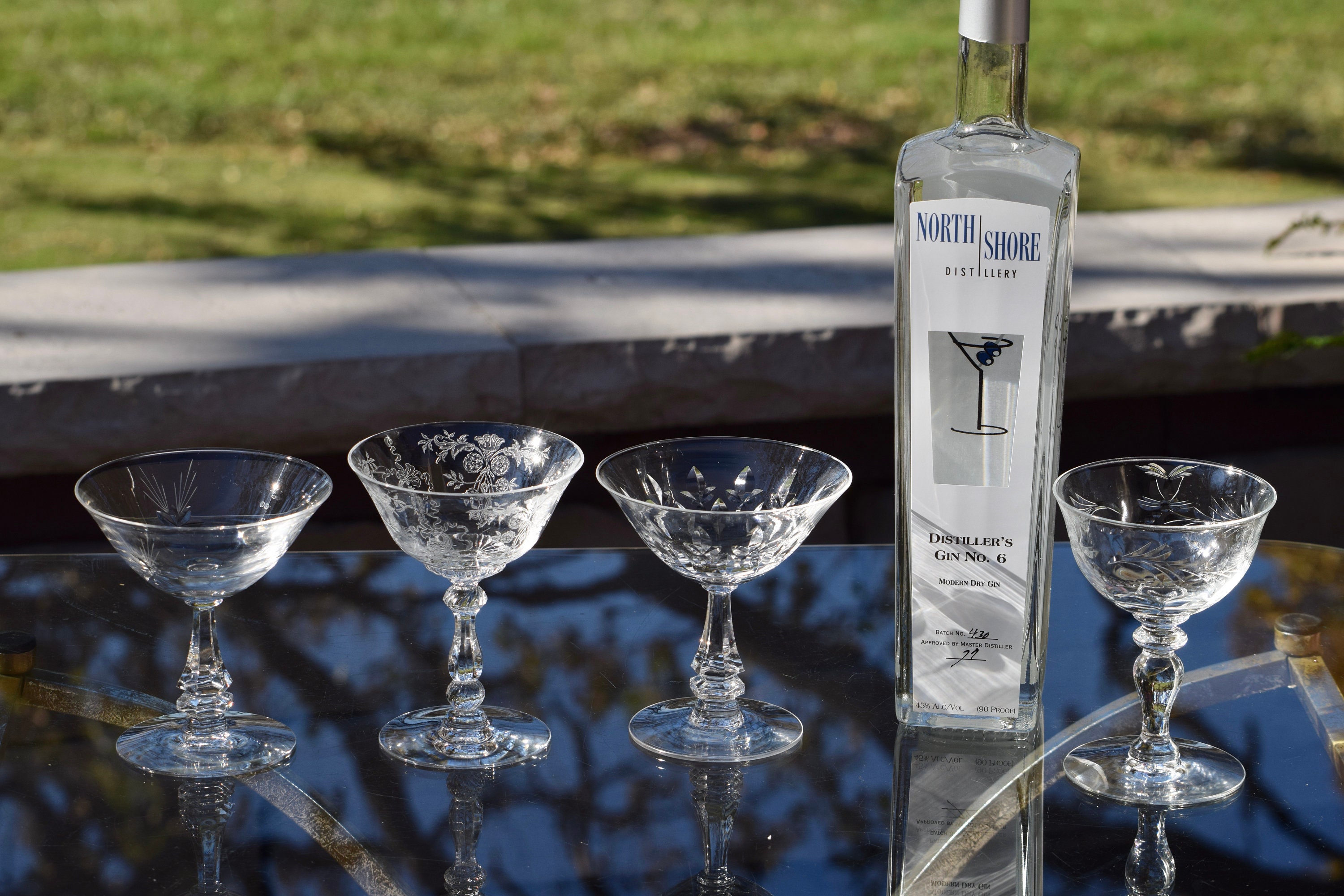 4 Vintage Etched Cocktail Martini Glasses, Set of 4 MisMatched Mixed