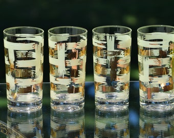 Vintage Gold Swirl Cocktail Highball Glasses - Mid Century Modern Barware (Set of 4)