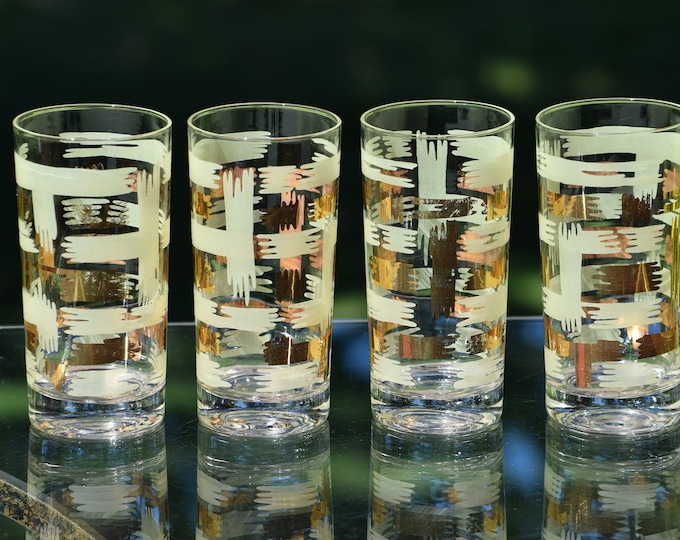 Vintage Gold Swirl Cocktail Highball Glasses - Mid Century Modern Barware (Set of 4)