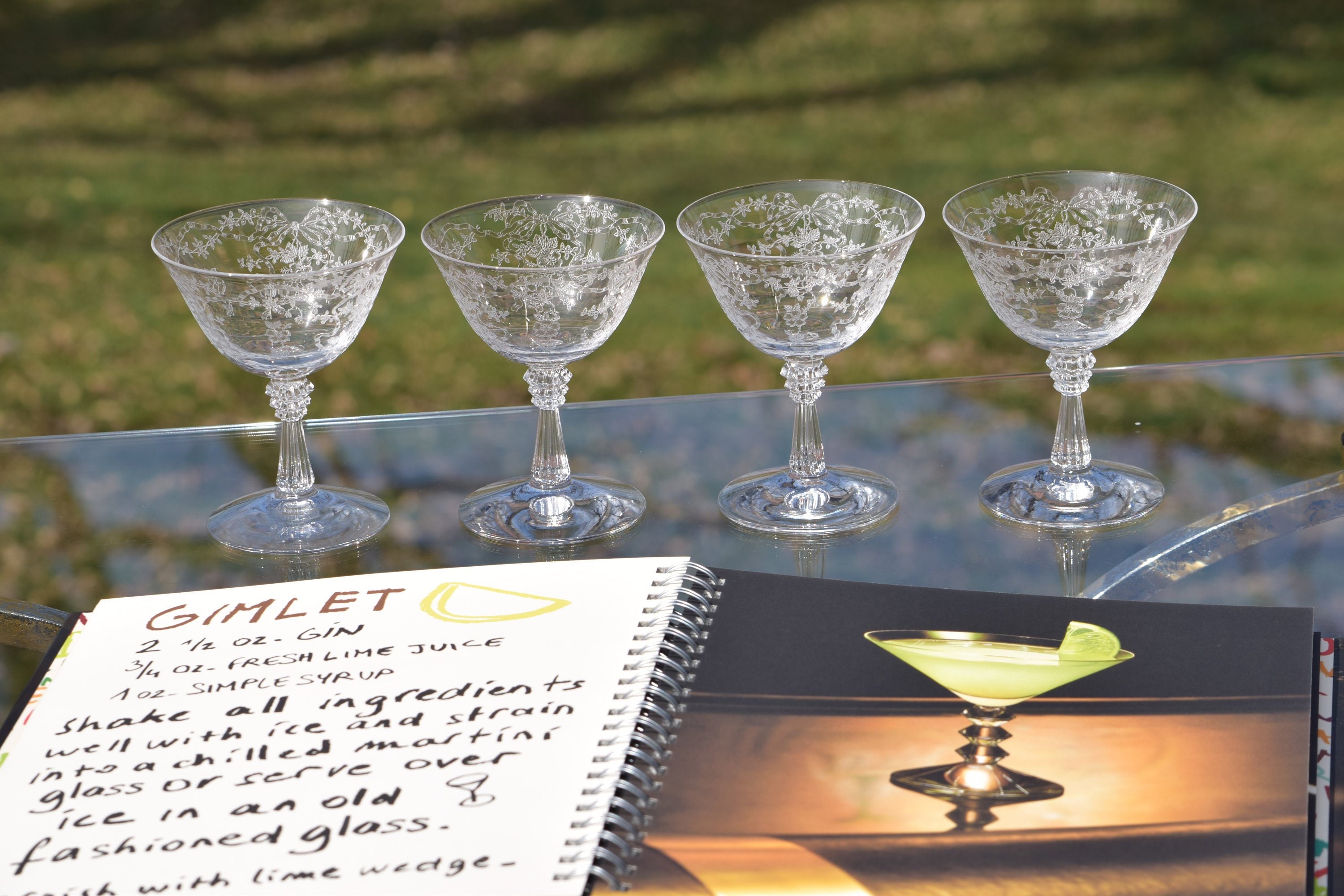 Vintage Etched Crystal Cocktail Martini Glasses, Set of 4, Fostoria, Romance, circa 1940's