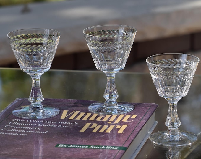 Sipping Port?  4 Vintage CRYSTAL Etched Wine Glasses, Seneca, c. 1950's,  3 oz Wine ~ Port Wine ~ After Dinner Drinks, Dessert Wine Glasses