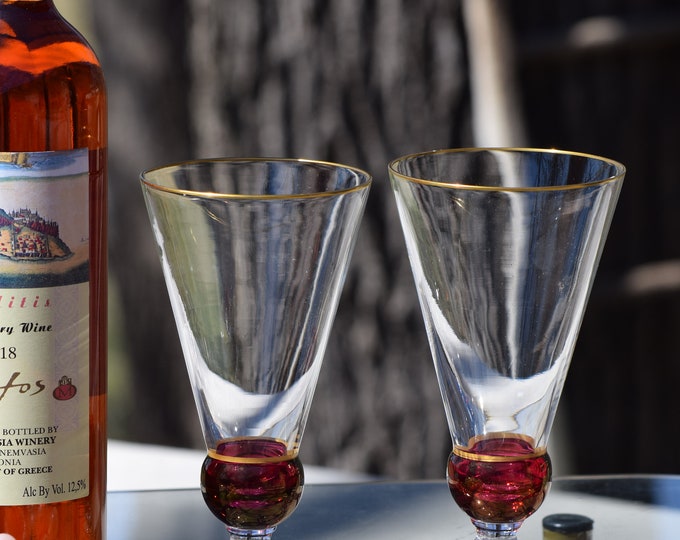 Vintage Red Gold Cocktail Glasses - Wine Glasses, Tiffin Franciscan, Dubonnet, 1950's, Summer Cocktails, Tall Red and Gold Christmas Glasses