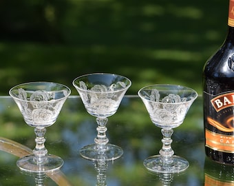 Vintage Etched Port Wine Cordial Glasses, Fostoria, 1950's, Set of 4, Mini Cocktail Glasses