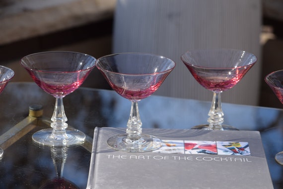 5 Vintage Pink Etched Cocktail - Martini Glasses, Mixologist