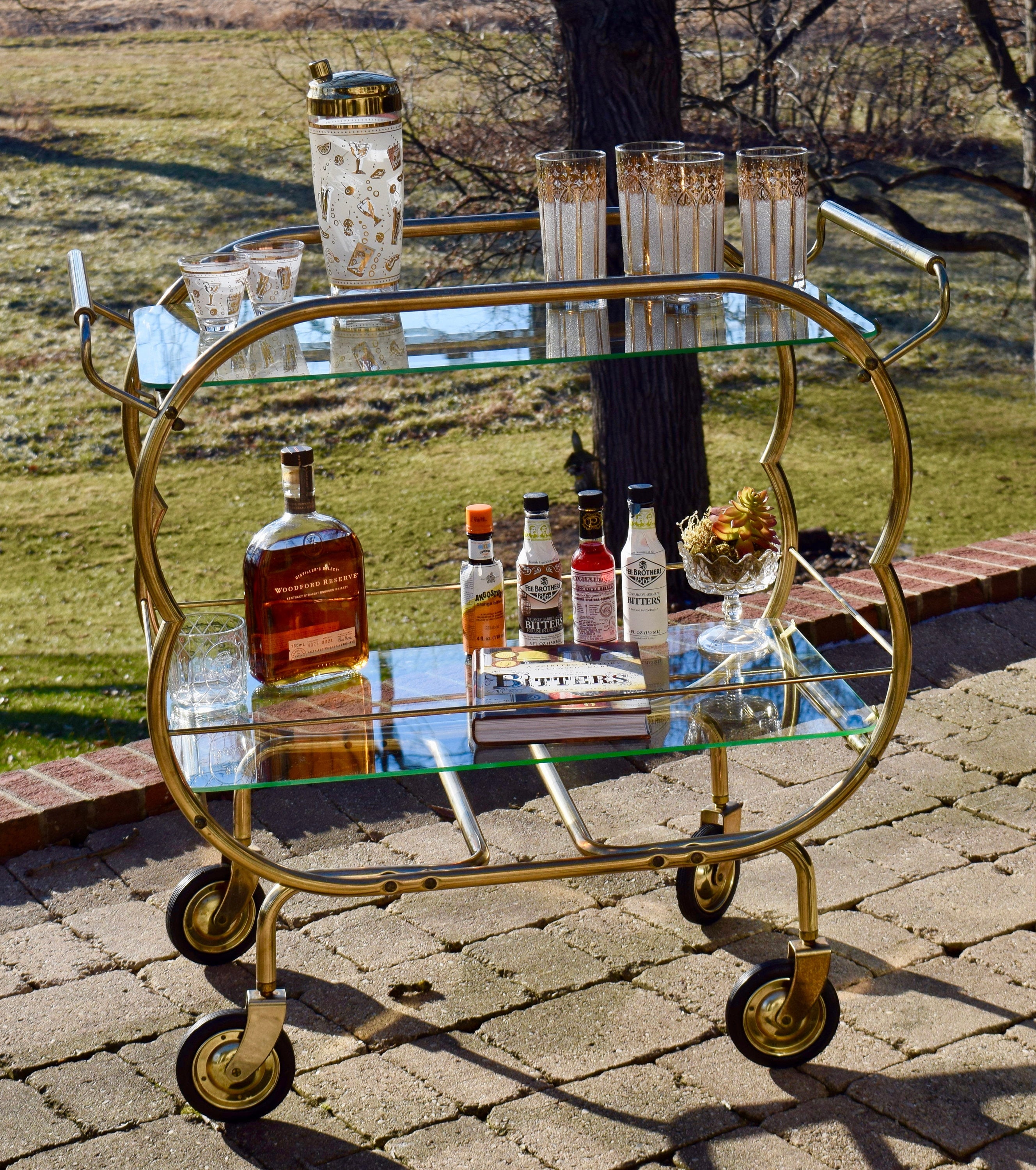 Vintage Gold Cocktail Bar Cart, Cocktail Party Cart, Mad Men Style