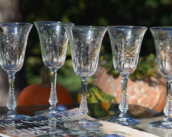 6 Vintage Etched Tall Wine Glasses ~ Water Goblets, Rock Sharpe, 1950's Crystal Wine Glass, Unique Etched Wine Glasses, Wedding Glasses