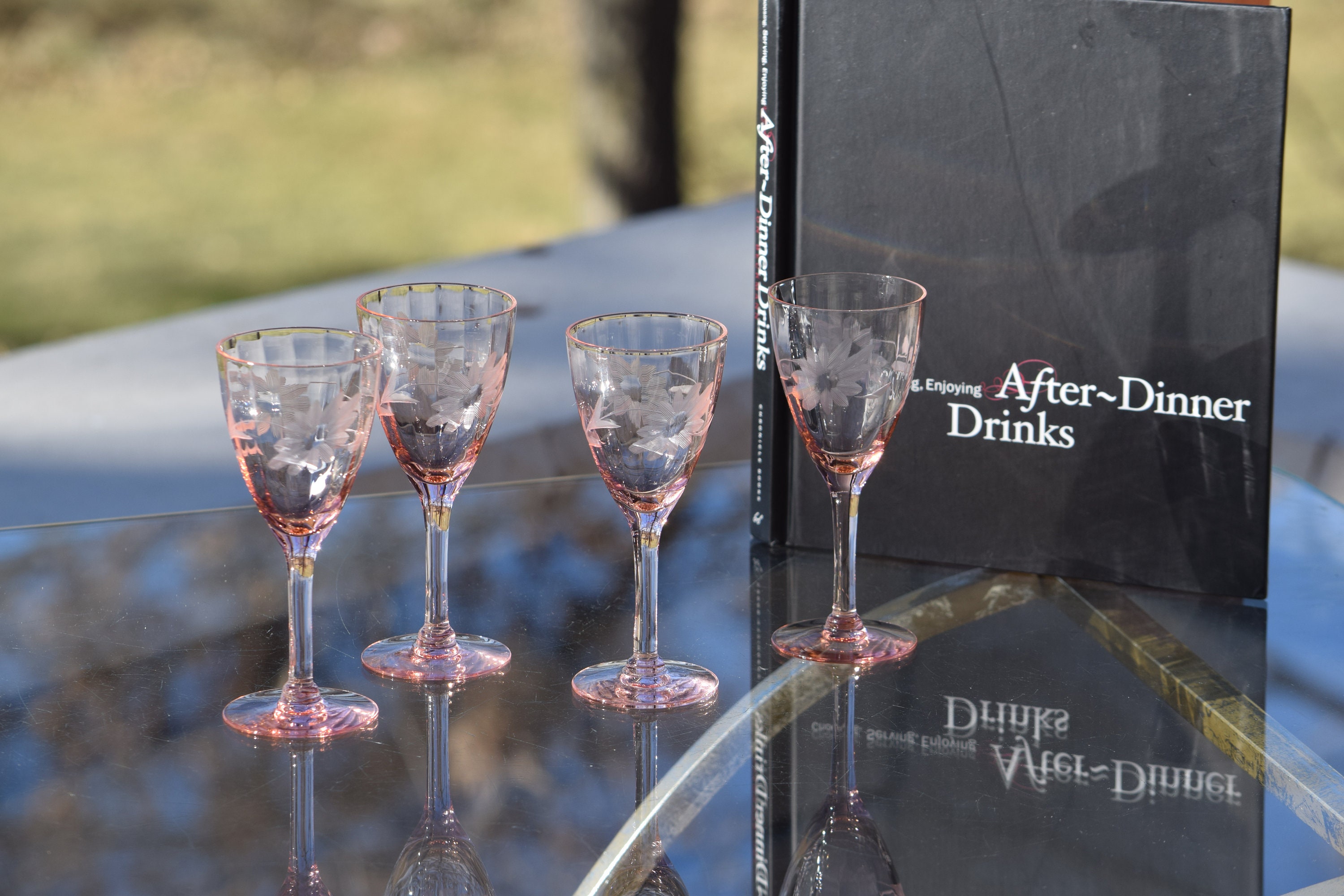 4 Vintage Pink Etched Wine Cordials Glasses, After Dinner Drink Wine