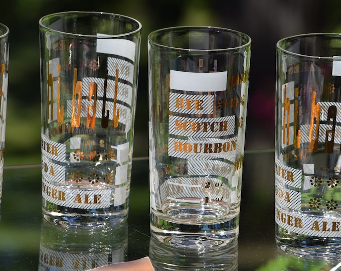 Mid Century Highball Glasses: 1950s Cocktail Barware with Gold Rye Scotch Whiskey Lettering