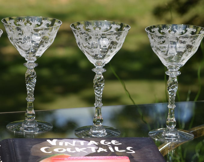 Vintage Tiffin Franciscan Etched Cocktail Glasses, Byzantine Set of 3