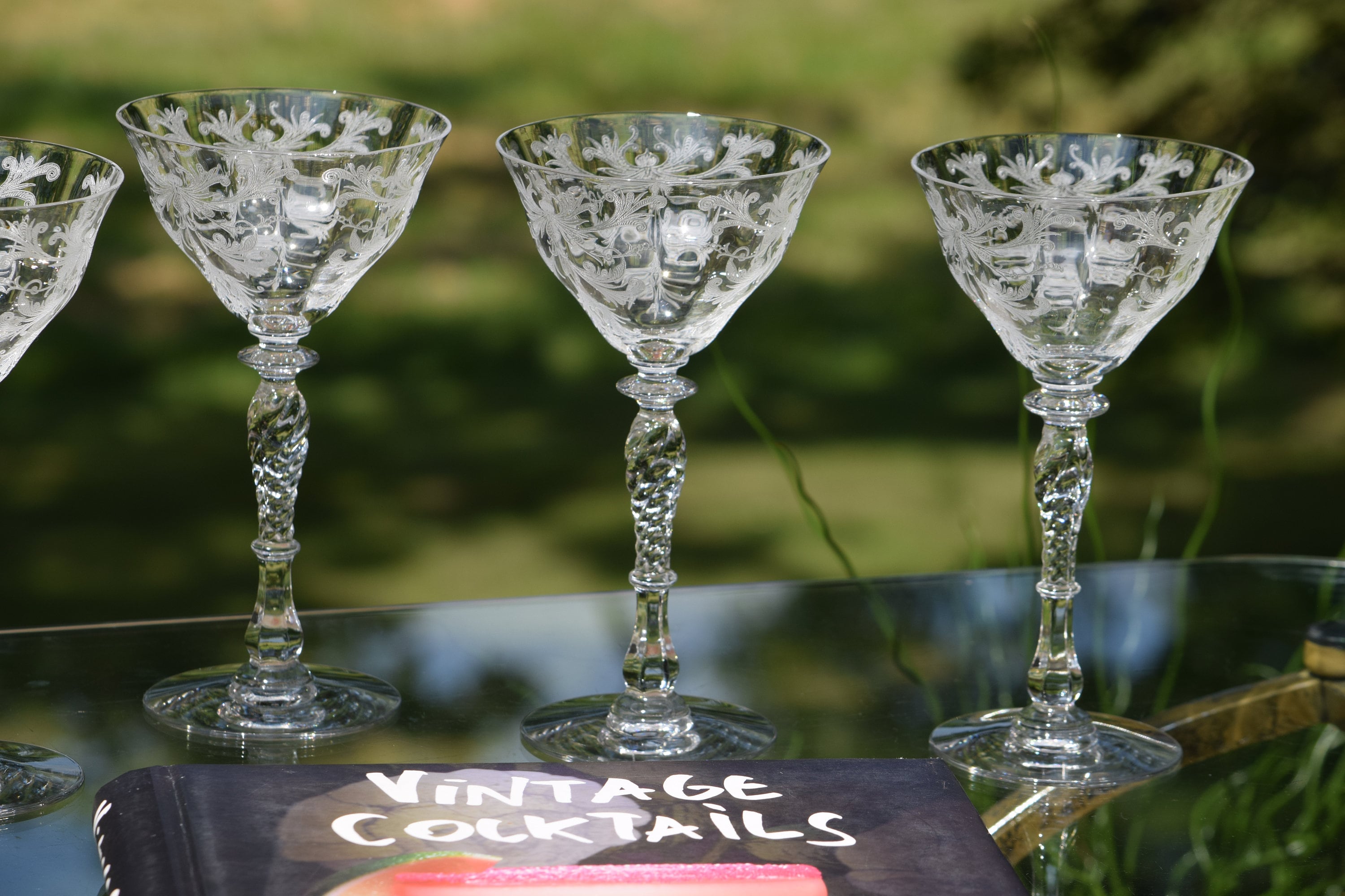 5 Vintage Pink Etched Cocktail - Martini Glasses, Mixologist