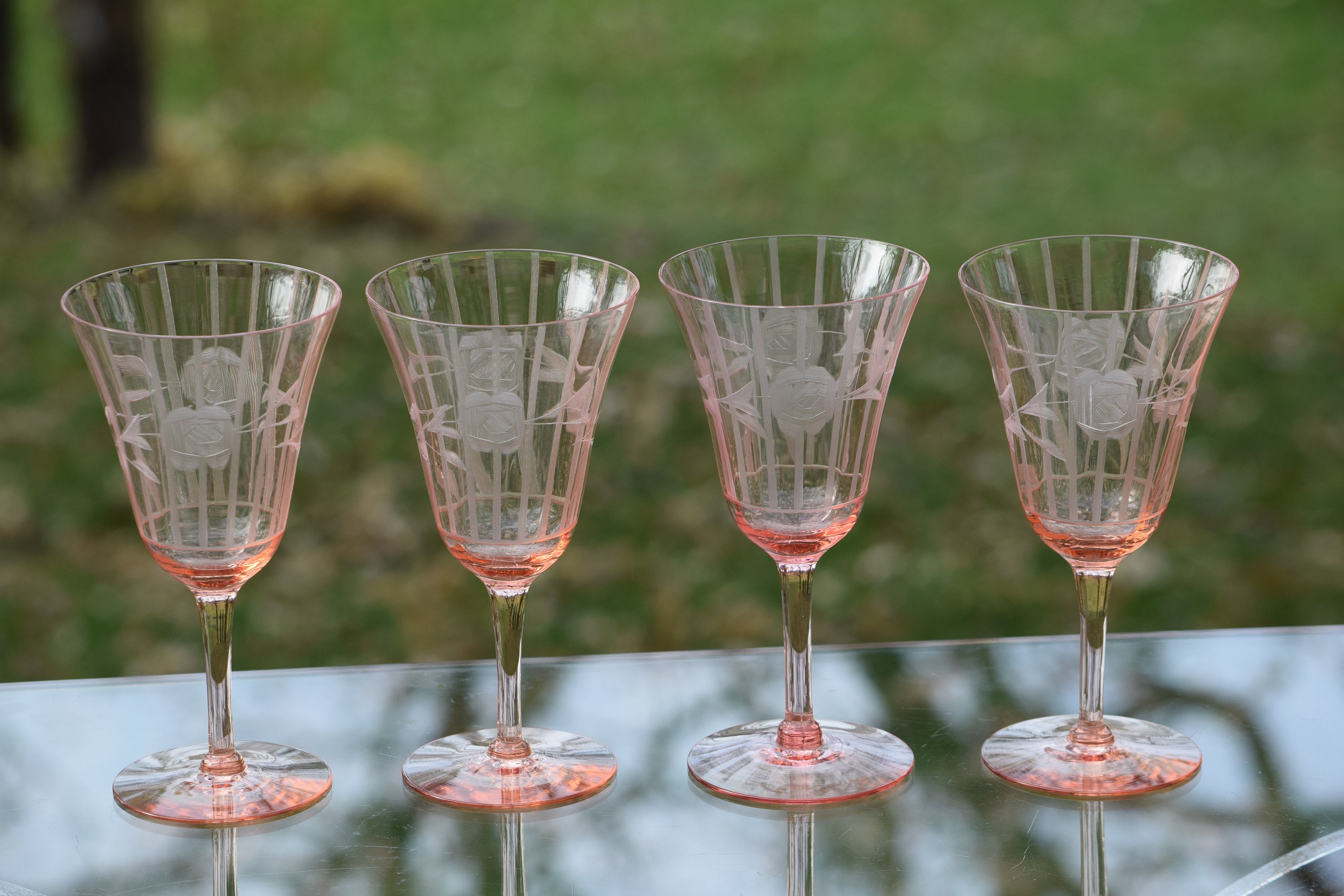 Vintage Etched PINK Optic Glass Wine Glasses, Set of 4, Vintage Pink