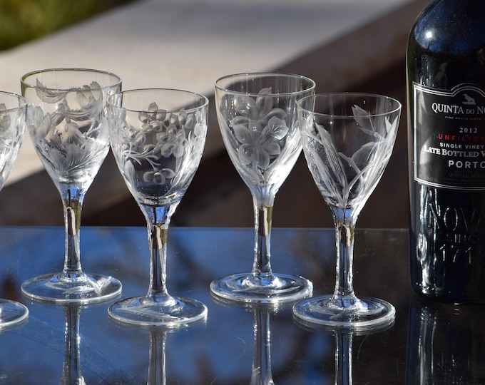 Vintage Etched Port Wine Glasses, Mismatched Set of 6, 4oz Cordials