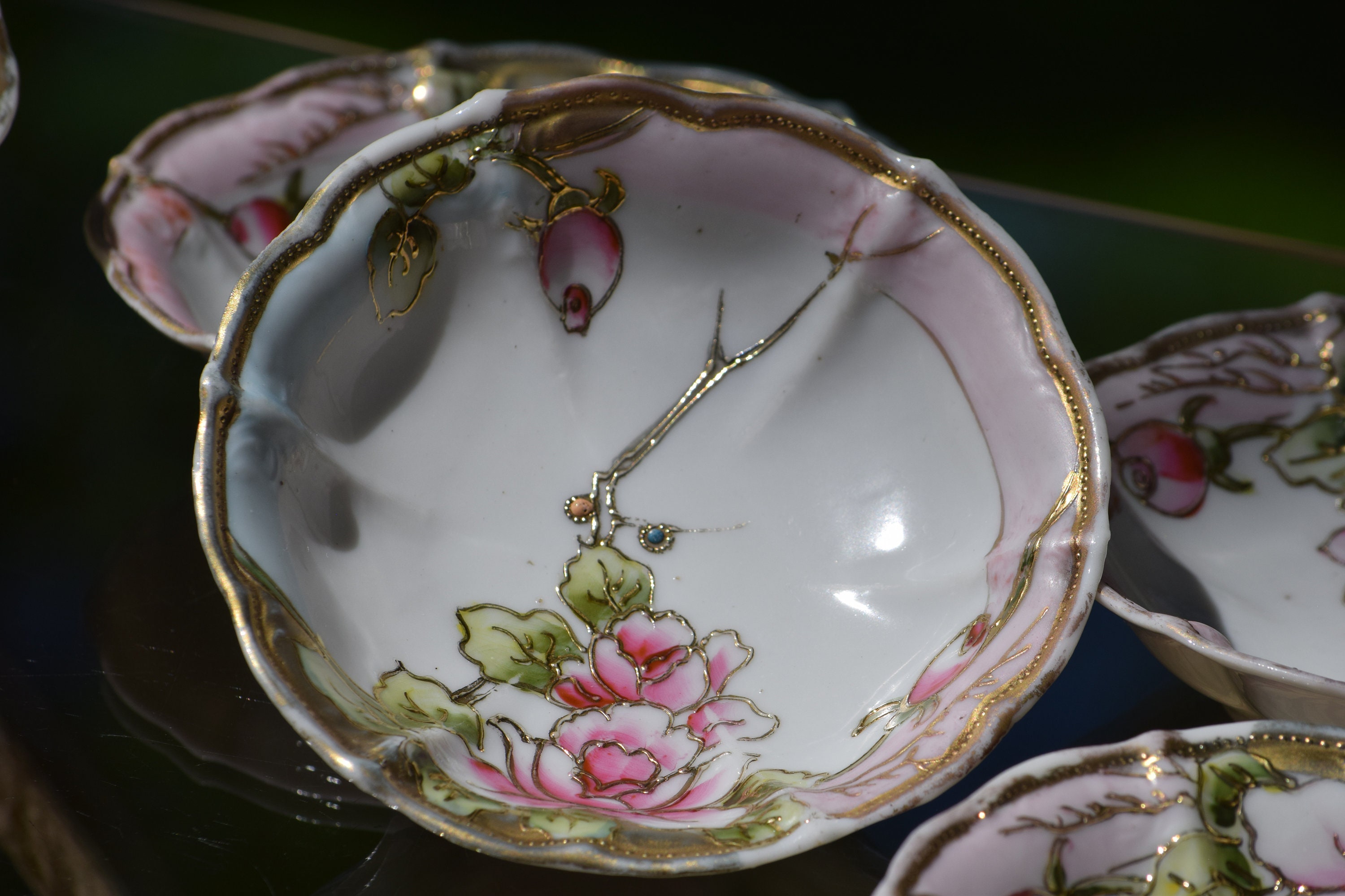 Vintage Porcelain Berry Bowl Set, Hand Painted ~ Japan Porcelain Bowls,  Vintage Nippon Gilded Gold Floral Berry Bowl with 4 small bowls