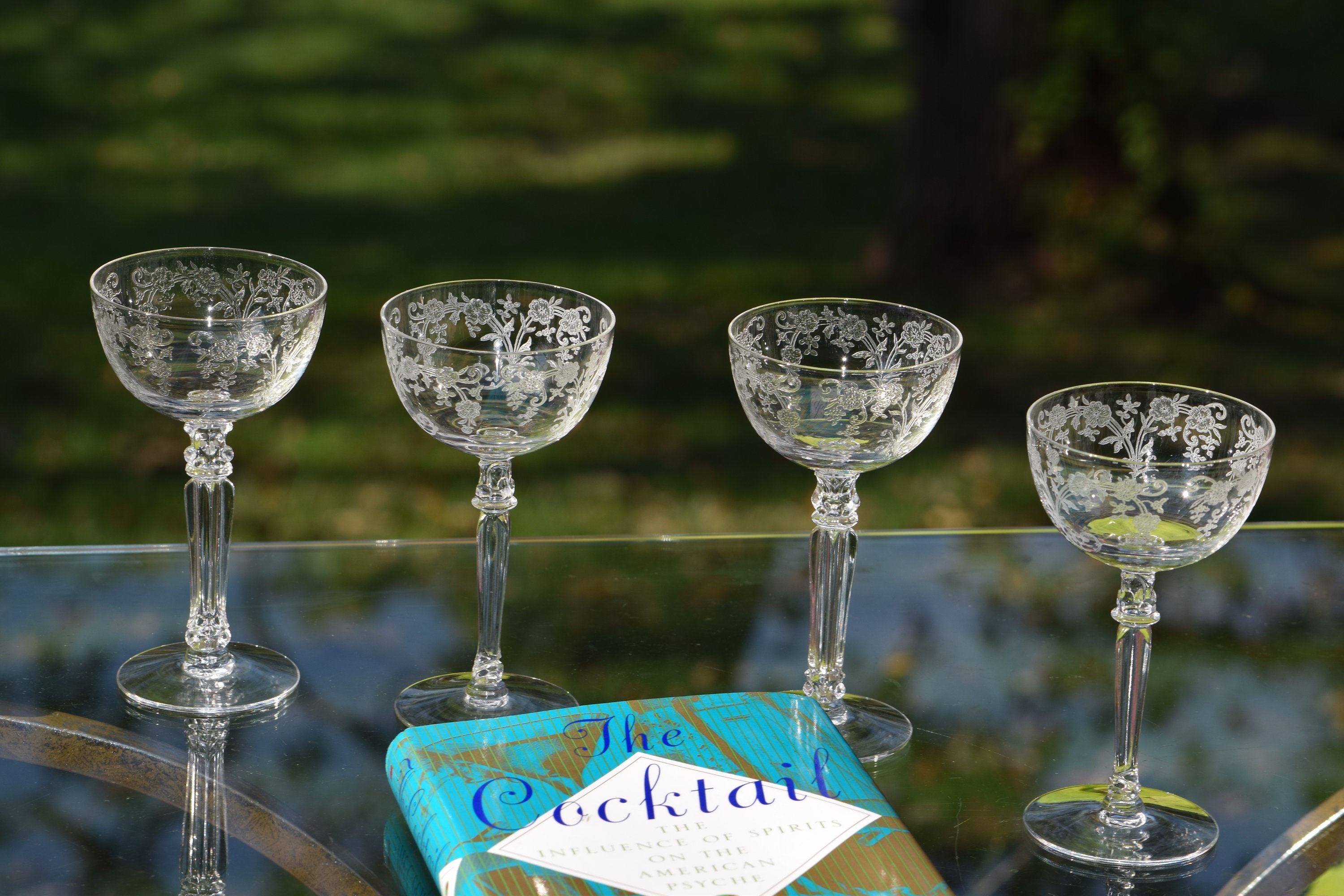 Vintage Etched Crystal Cocktail Wine Cordial Glasses, Set of 4