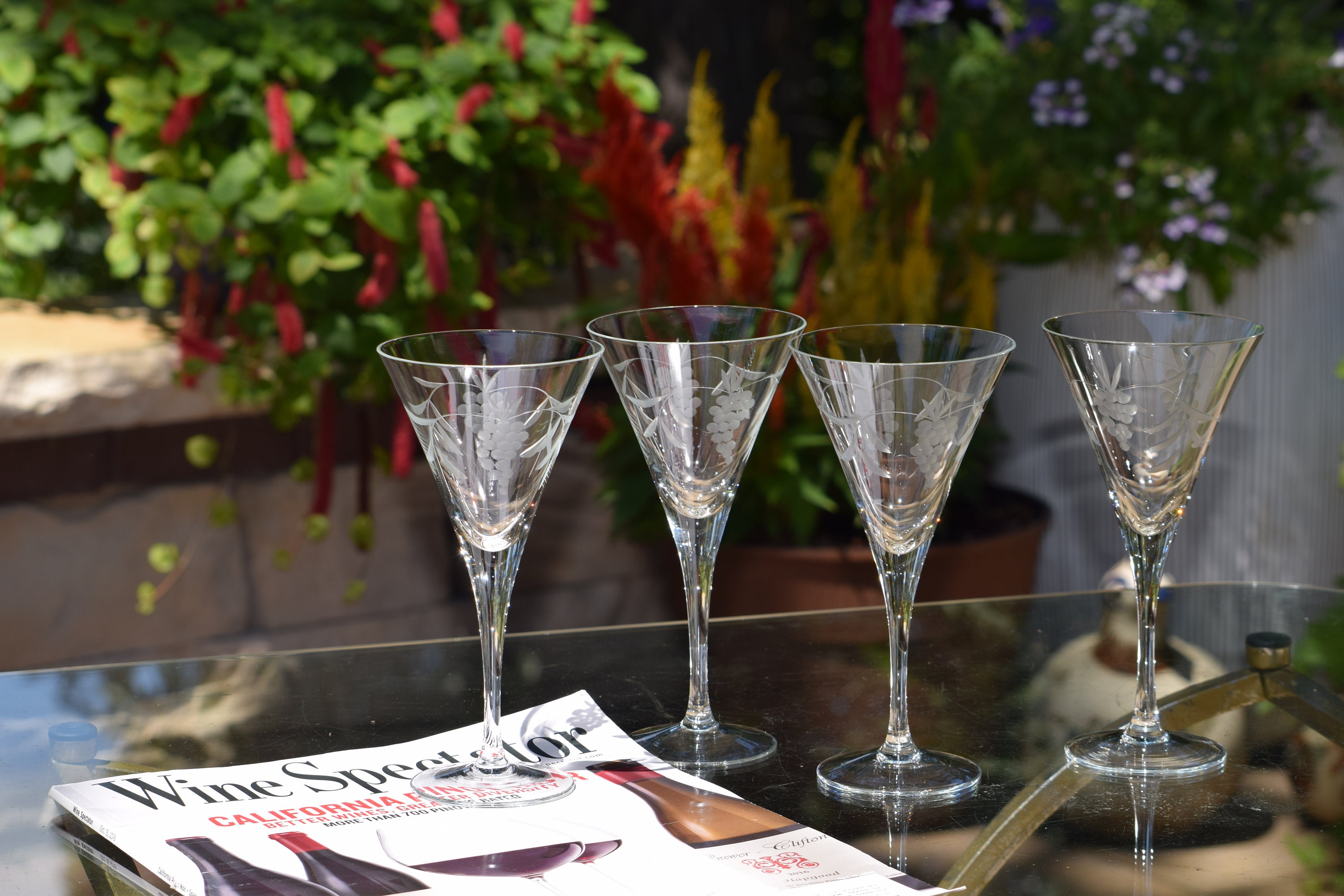 4 Vintage Etched Wine Cocktail Glasses, 1950's, Vintage 10 oz