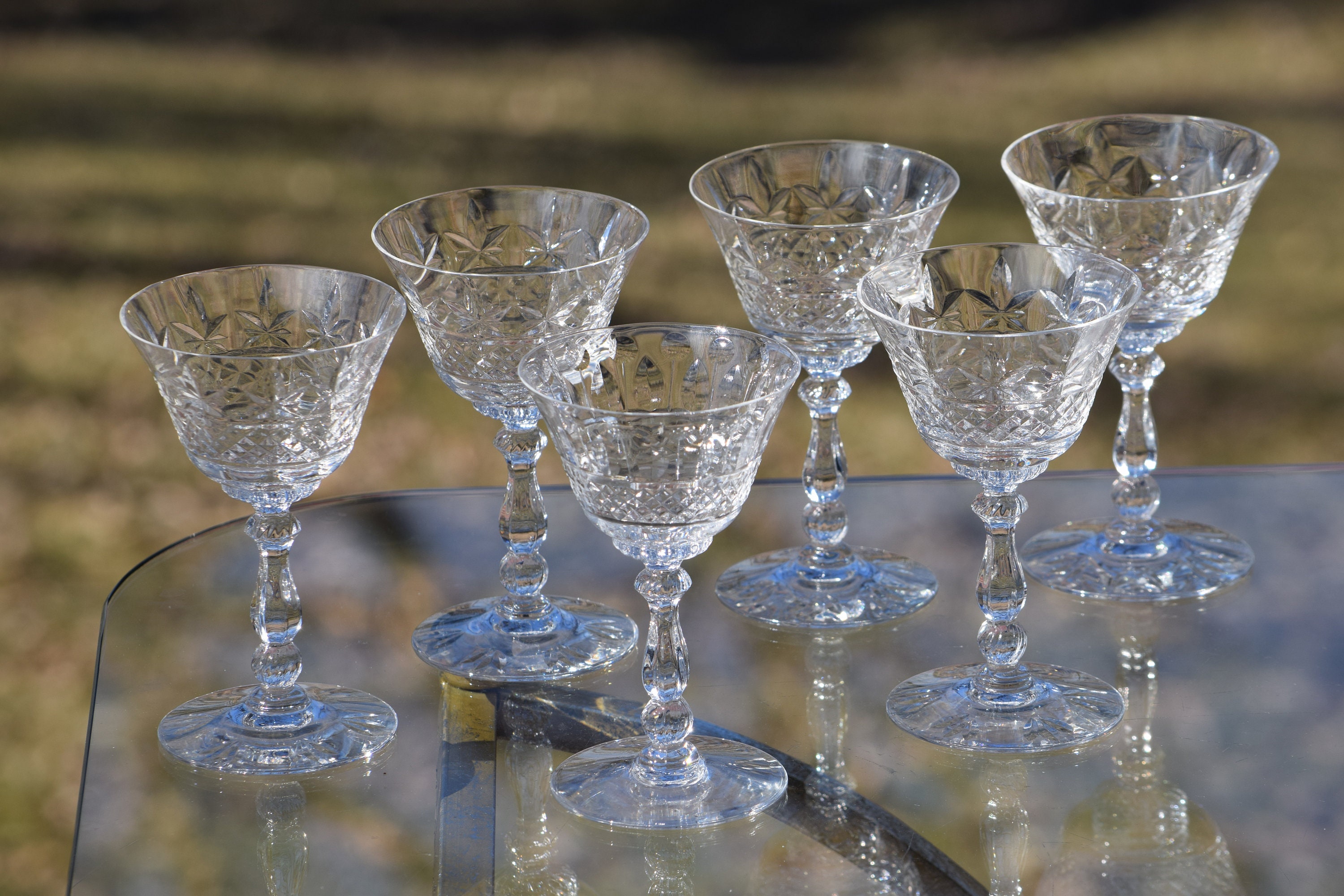 Vintage Etched Crystal Wine Cordials Heisey, 1940's, Set of 6, 3 oz