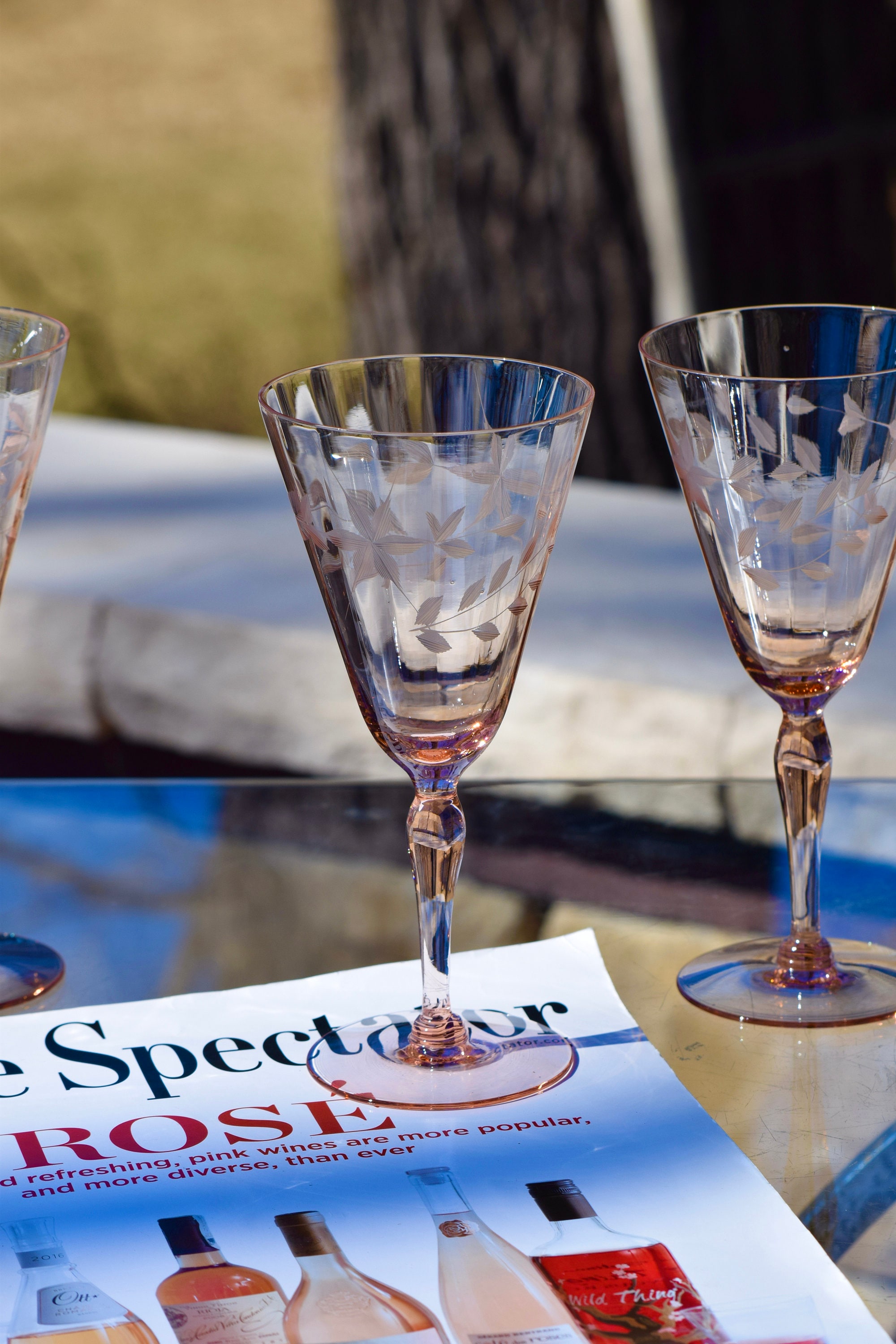 5 Vintage Etched Pink Optic Glass Wine Glasses,1950's, Vintage Pink