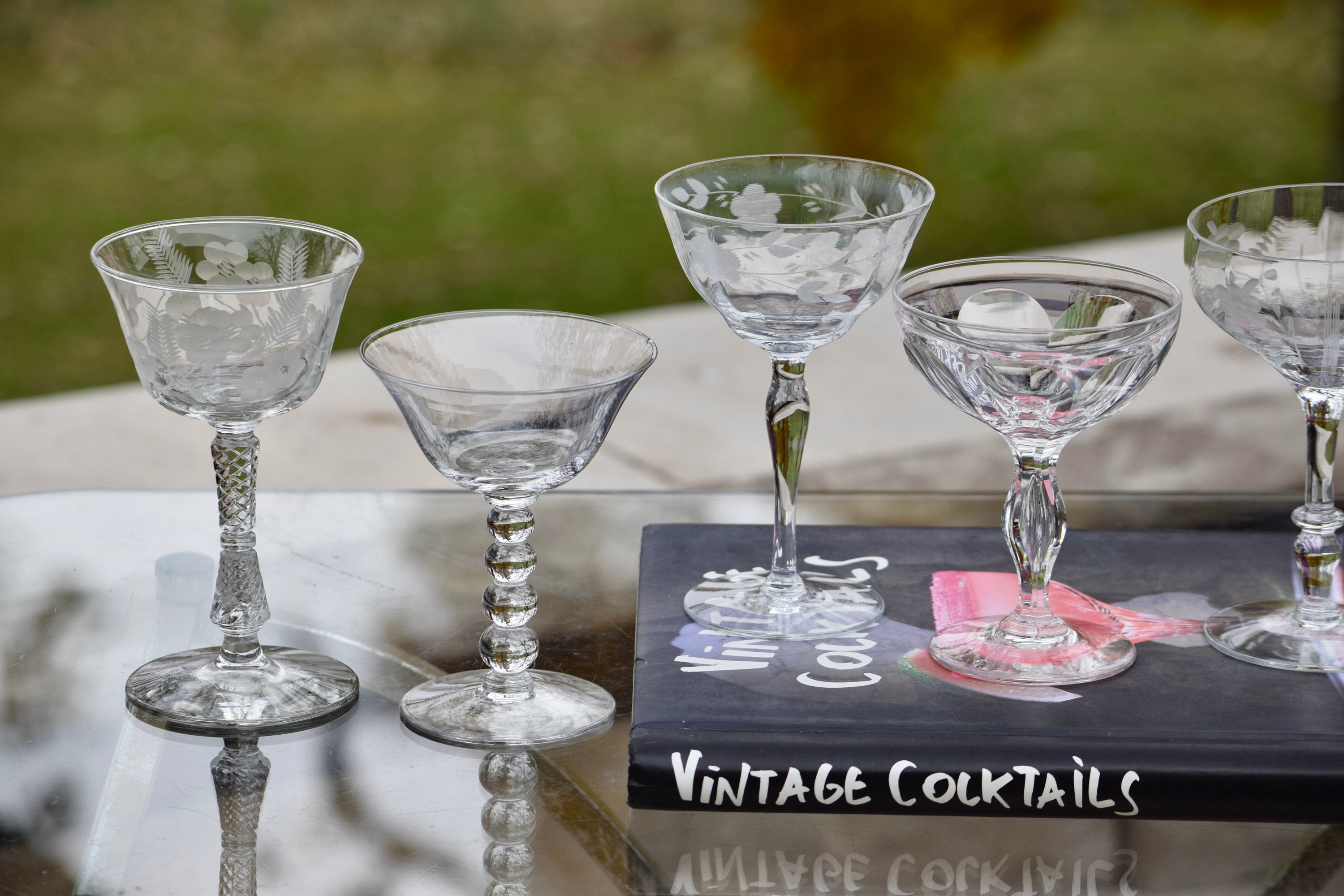 6 Vintage Etched Cocktail Martini Glasses, Set of 6 MisMatched Mixed