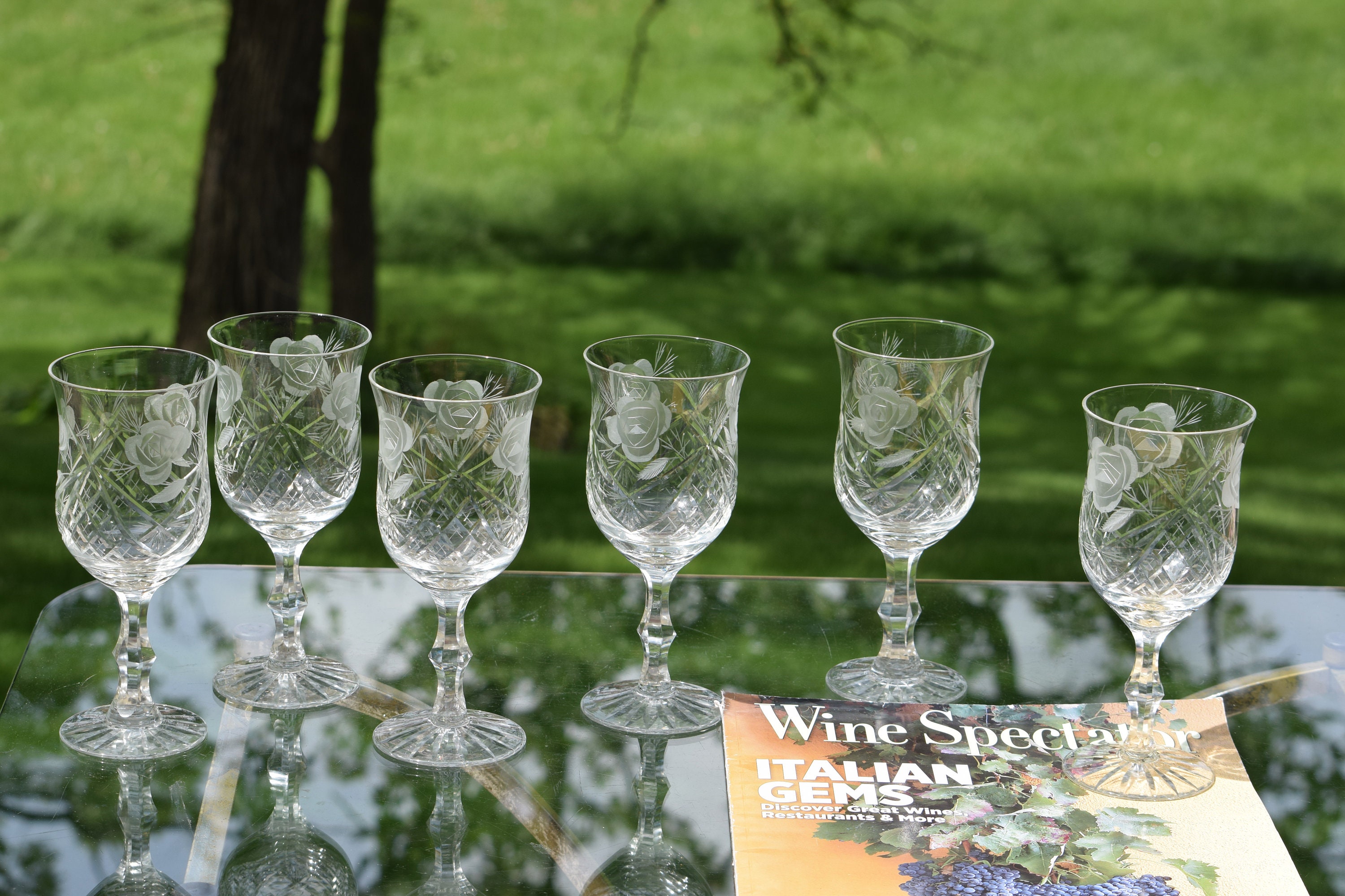 6 Vintage Etched - Cut CRYSTAL Wine Glasses, 8 oz Crystal Wine glass,  Vintage Crystal Water Goblets, Etched Roses Wine Glasses