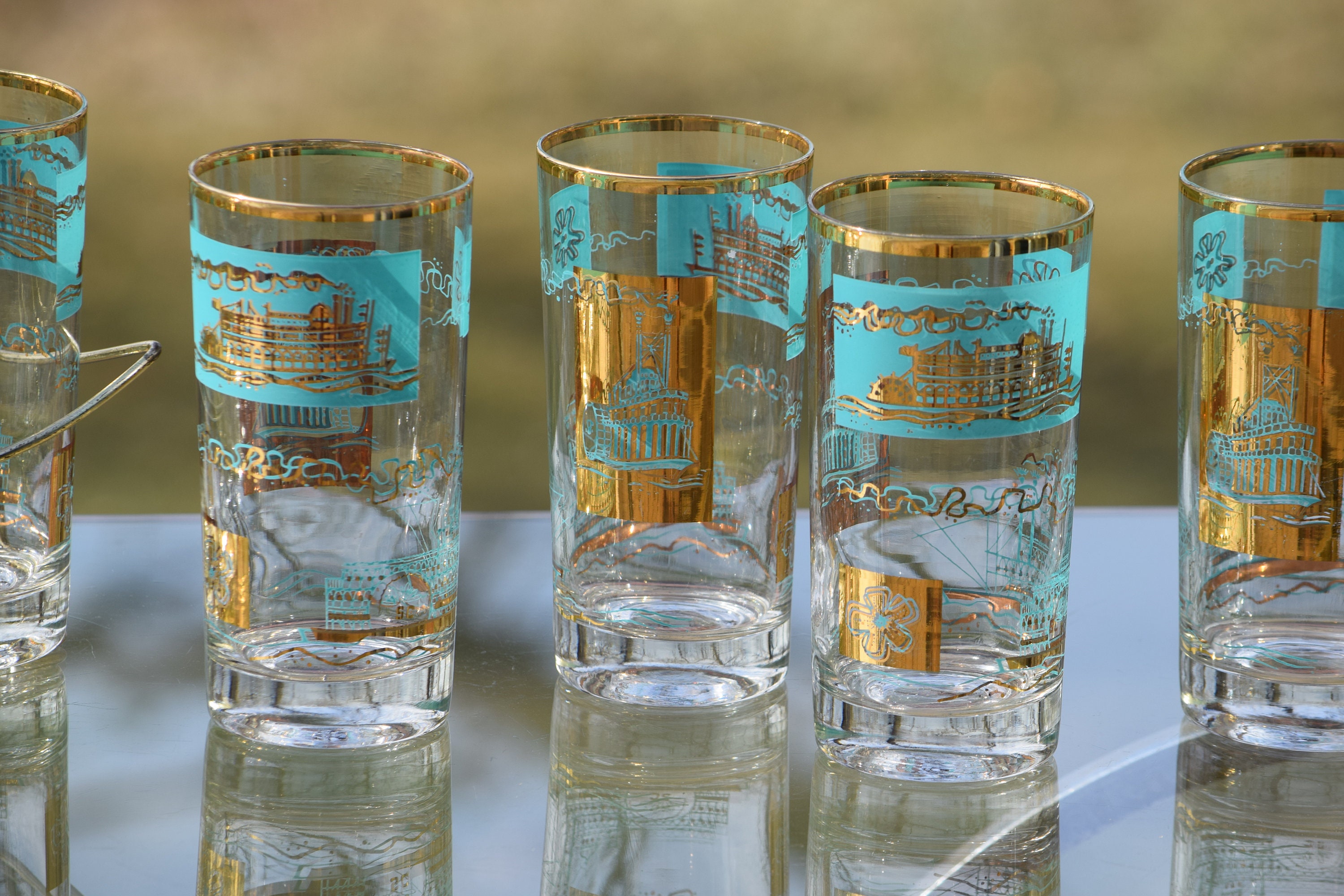 Vintage Highball Glass with Caddy, Mid Century Gold & Turquoise