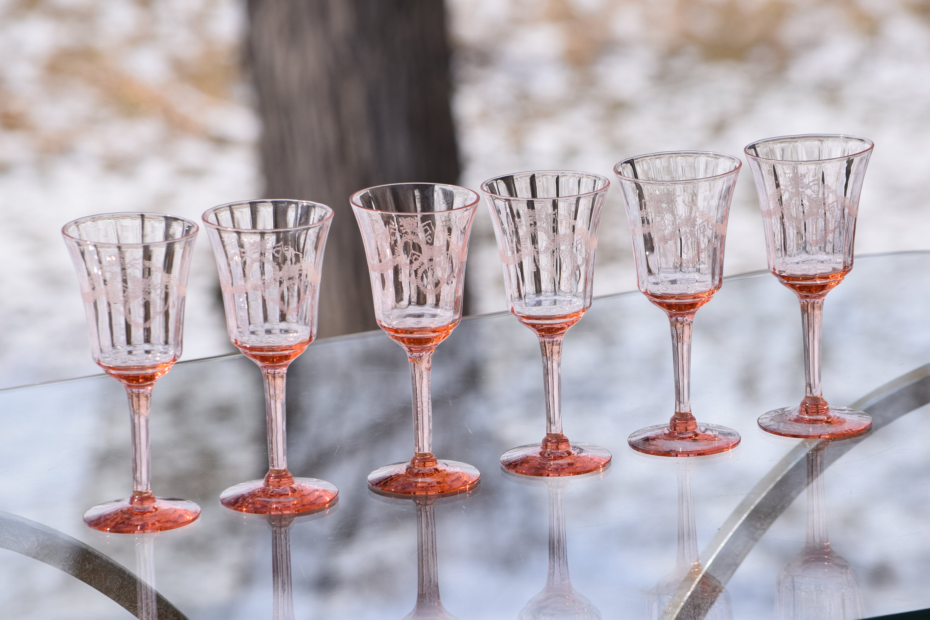 Vintage Pink Needle Etched Vaseline Glass Etched Wine Cordial glasses