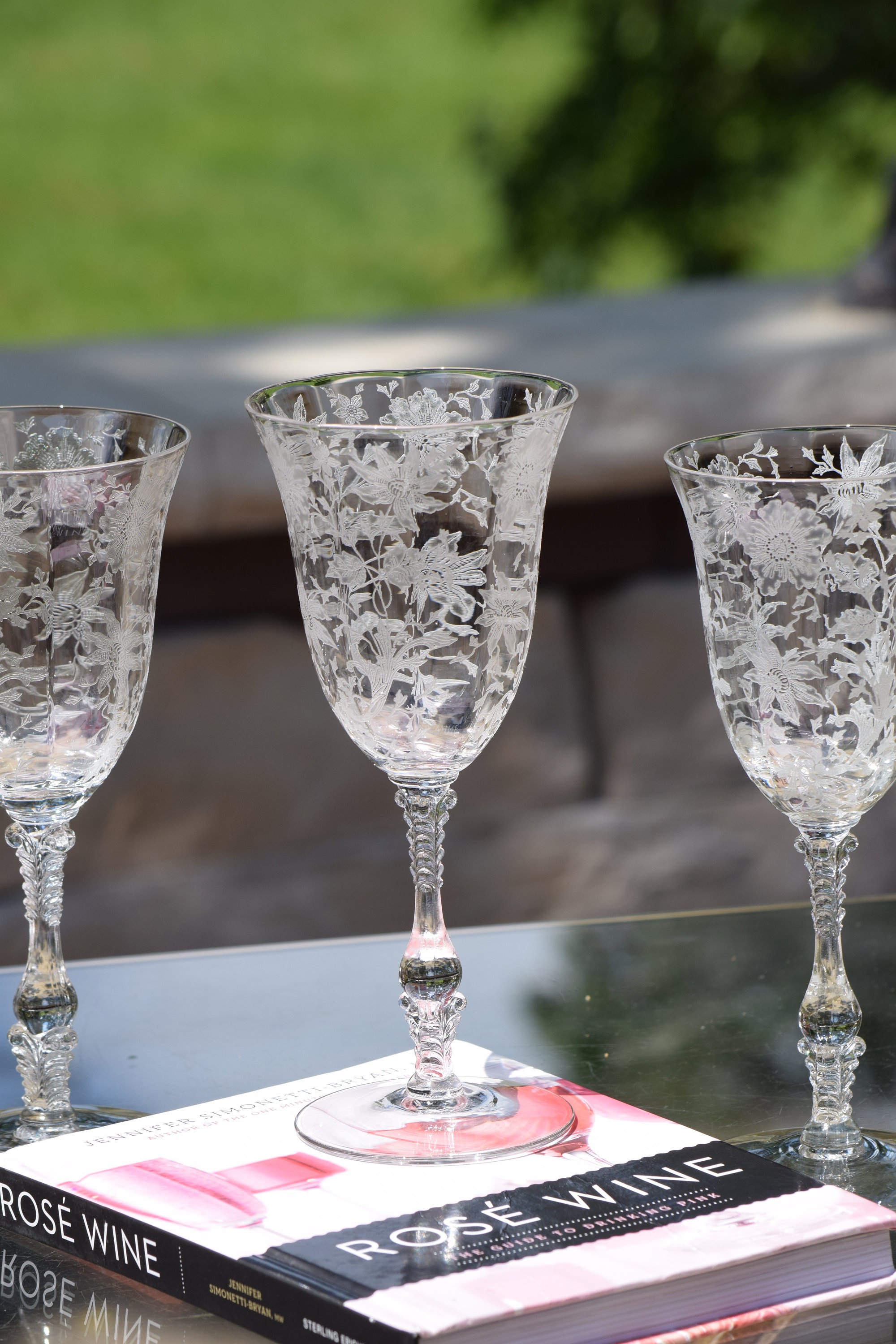 4 Vintage Etched Crystal Wine Glasses, Cambridge, 1940's, Crystal Water  Goblets