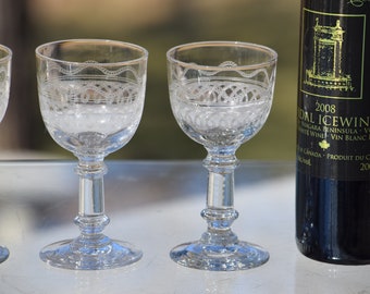 4 Vintage Needle Etched Port Wine Cordials, c 1920's, 2 oz After Dinner Drink Glasses, Vintage Etched Dessert Wine Glasses
